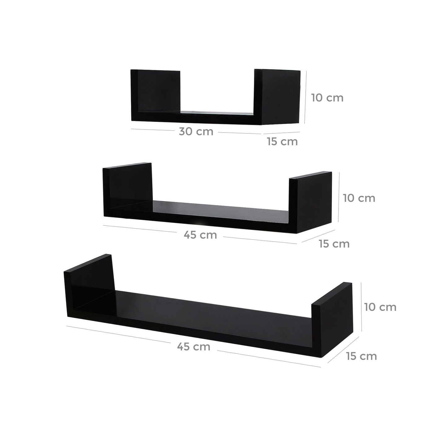 U-Shaped Floating Wall Shelves - Wood - Black - Set of 3 with 15 kg Weight Capacity