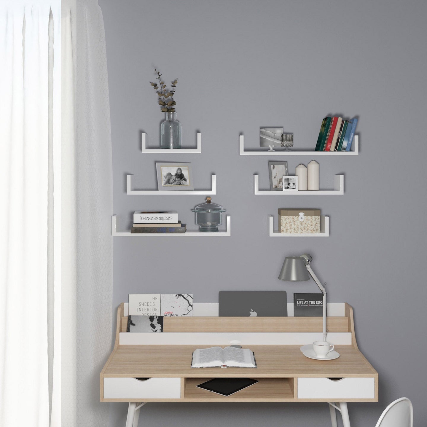 U-Shaped Floating Wall Shelves - Wood - Black - Set of 3 with 15 kg Weight Capacity