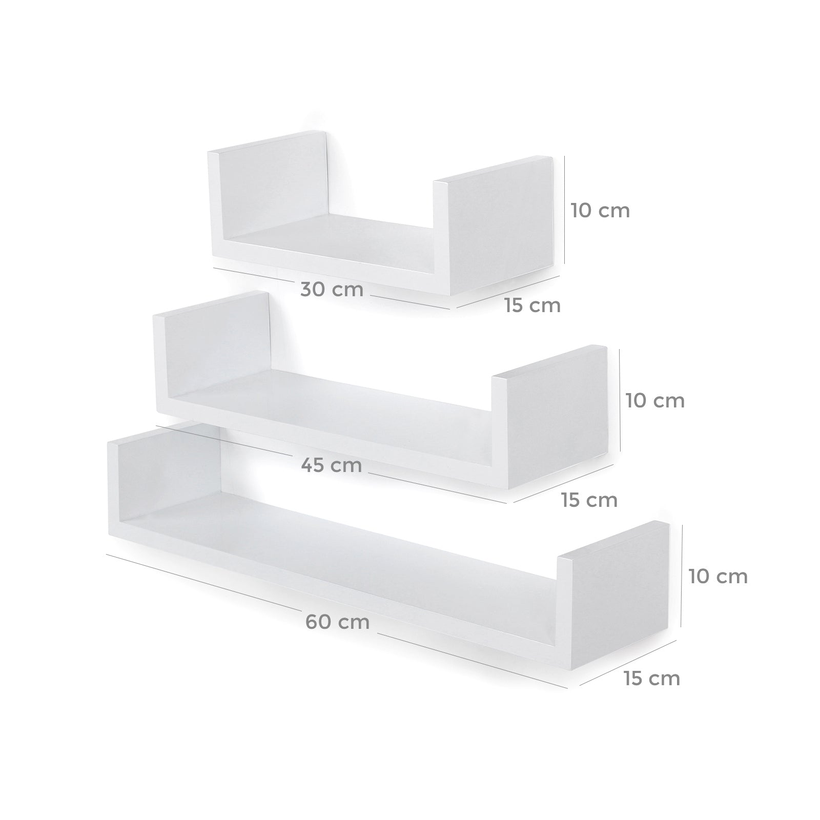 U-Shaped Floating Wall Shelves - Wood - Black - Set of 3 with 15 kg Weight Capacity