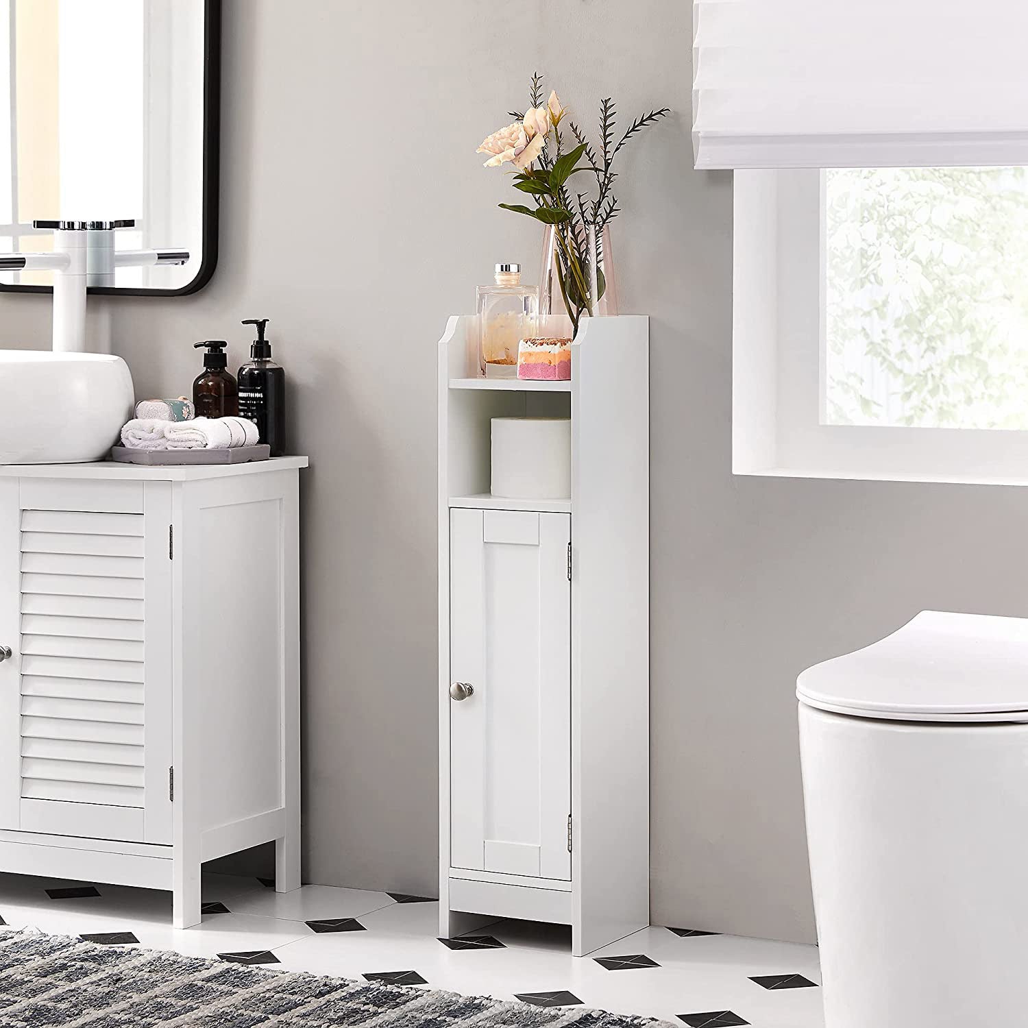 Slim Bathroom Storage Cabinet - Wood - White - Freestanding with Adjustable Shelves