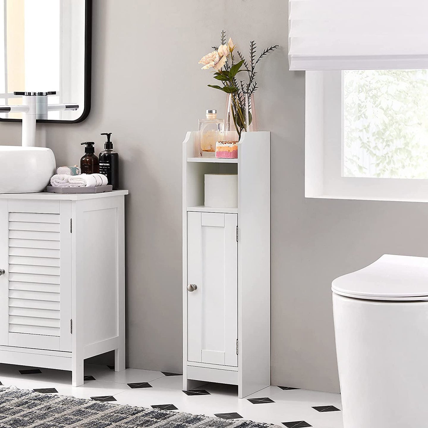 Slim Bathroom Storage Cabinet - Wood - White - Freestanding with Adjustable Shelves