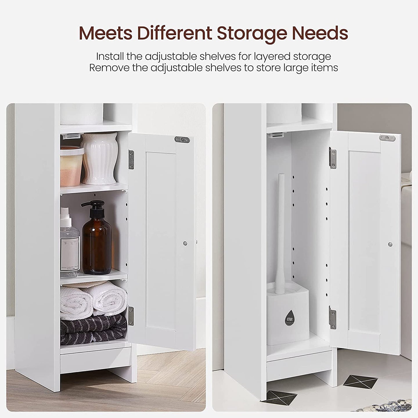 Slim Bathroom Storage Cabinet - Wood - White - Freestanding with Adjustable Shelves