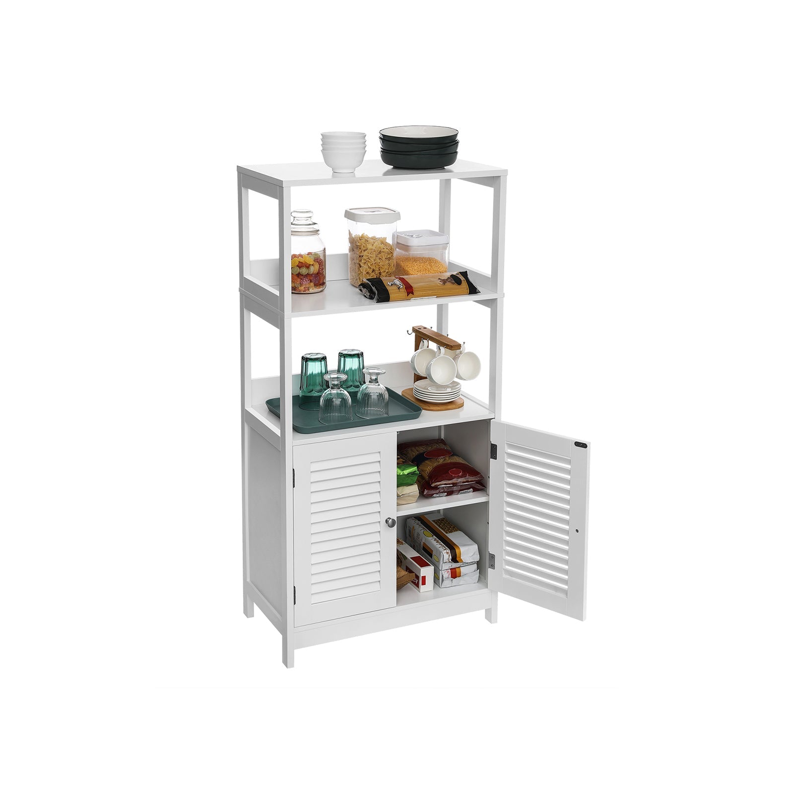 Bathroom Floor Cabinet - Engineered Wood - Matte White - Freestanding with 2 Open Shelves and Double Doors