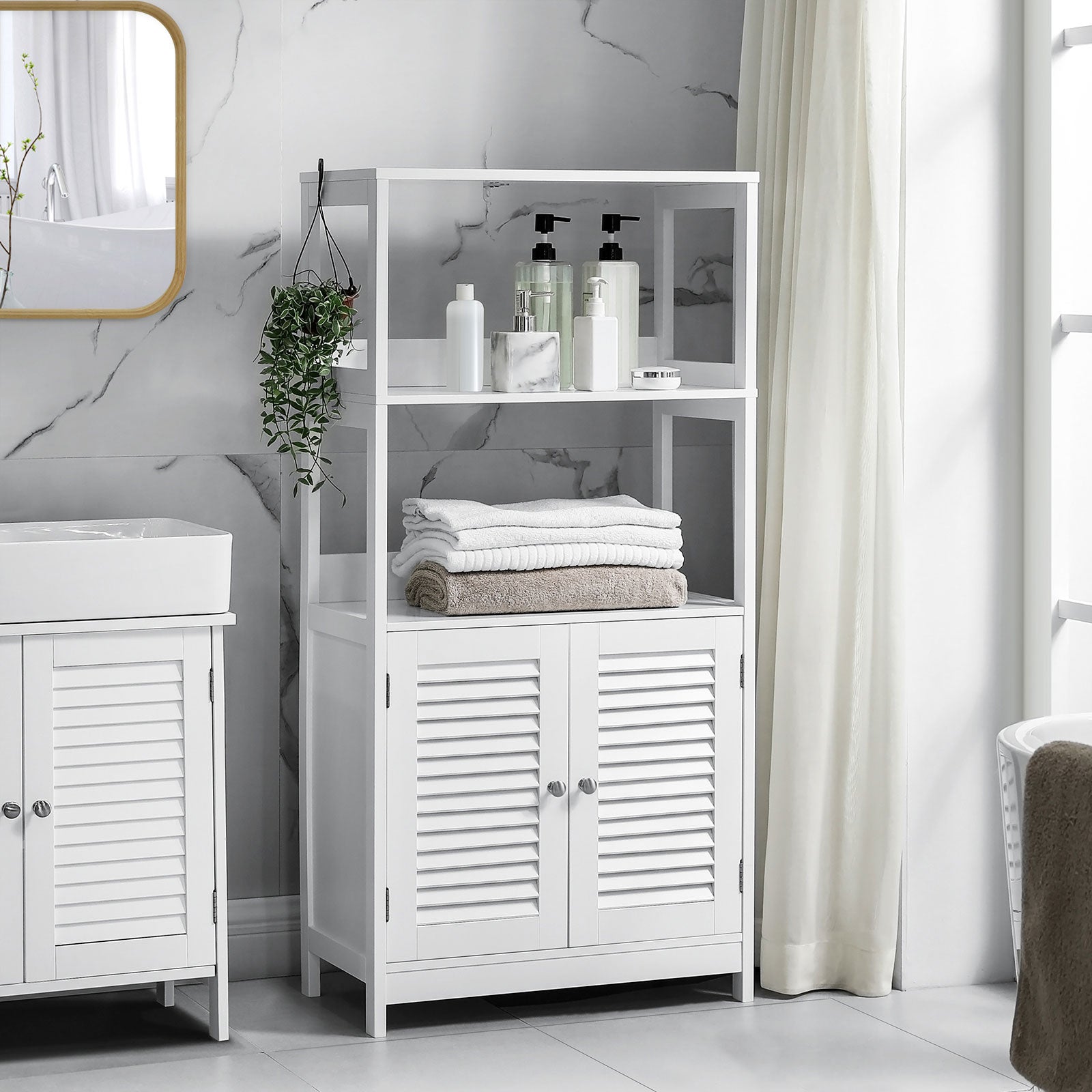 Bathroom Floor Cabinet - Engineered Wood - Matte White - Freestanding with 2 Open Shelves and Double Doors