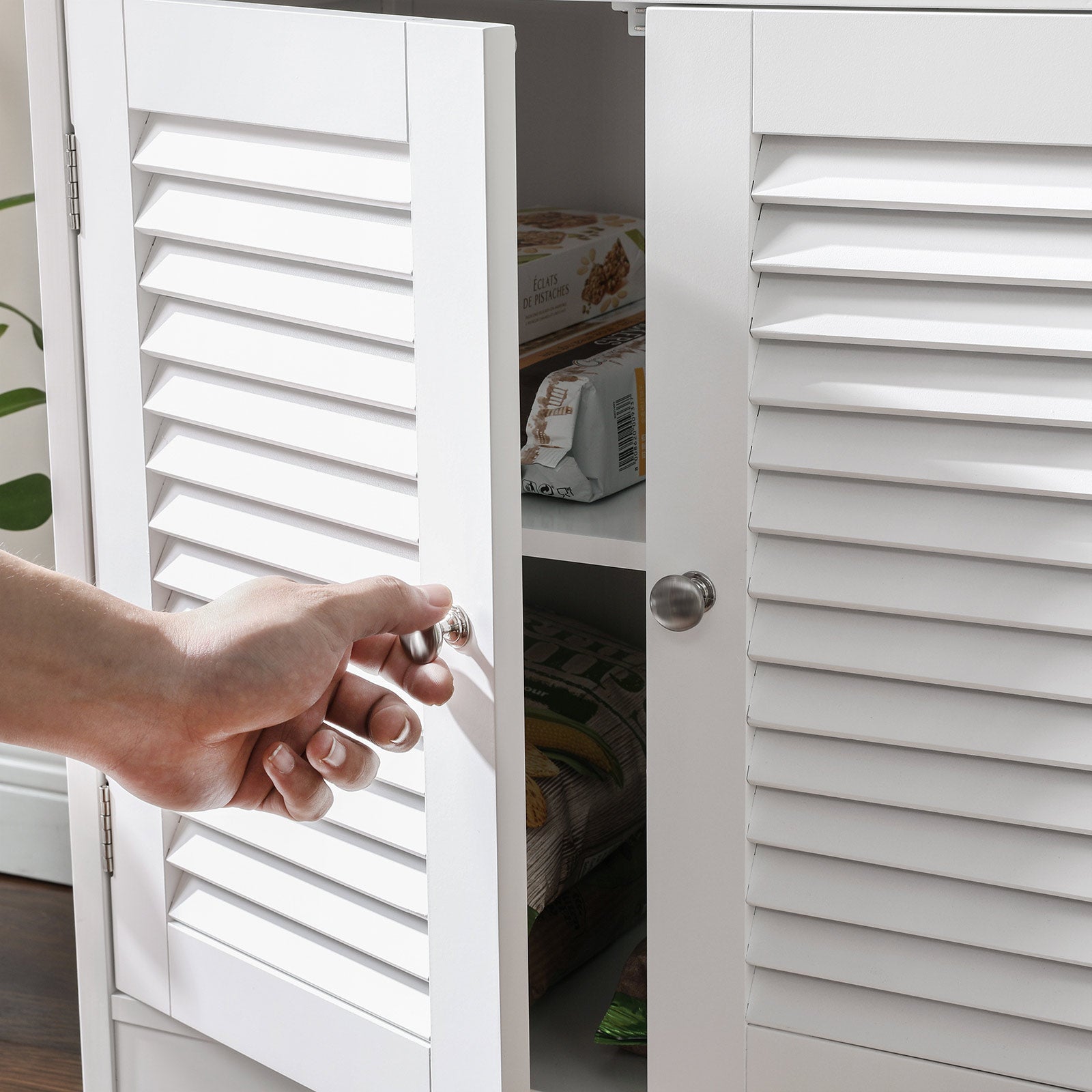 Bathroom Floor Cabinet - Engineered Wood - Matte White - Freestanding with 2 Open Shelves and Double Doors