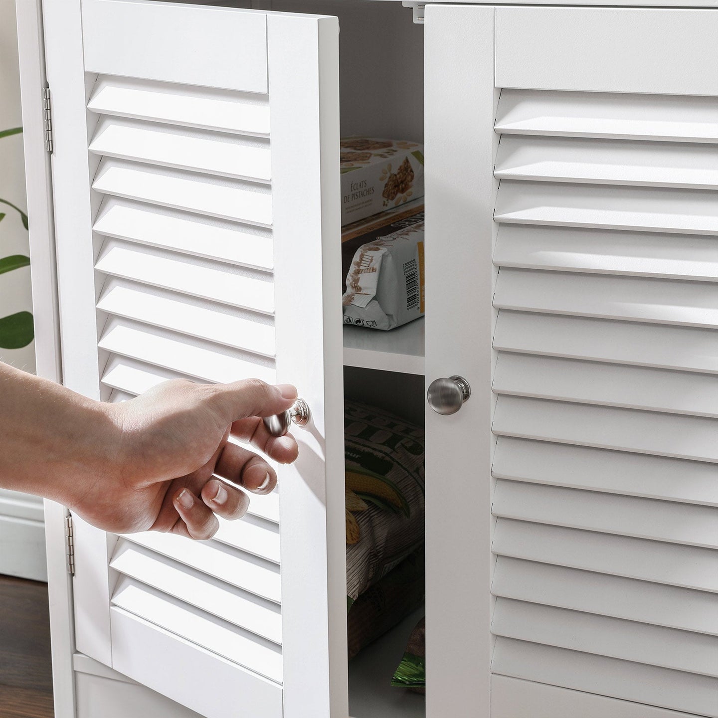Bathroom Floor Cabinet - Engineered Wood - Matte White - Freestanding with 2 Open Shelves and Double Doors