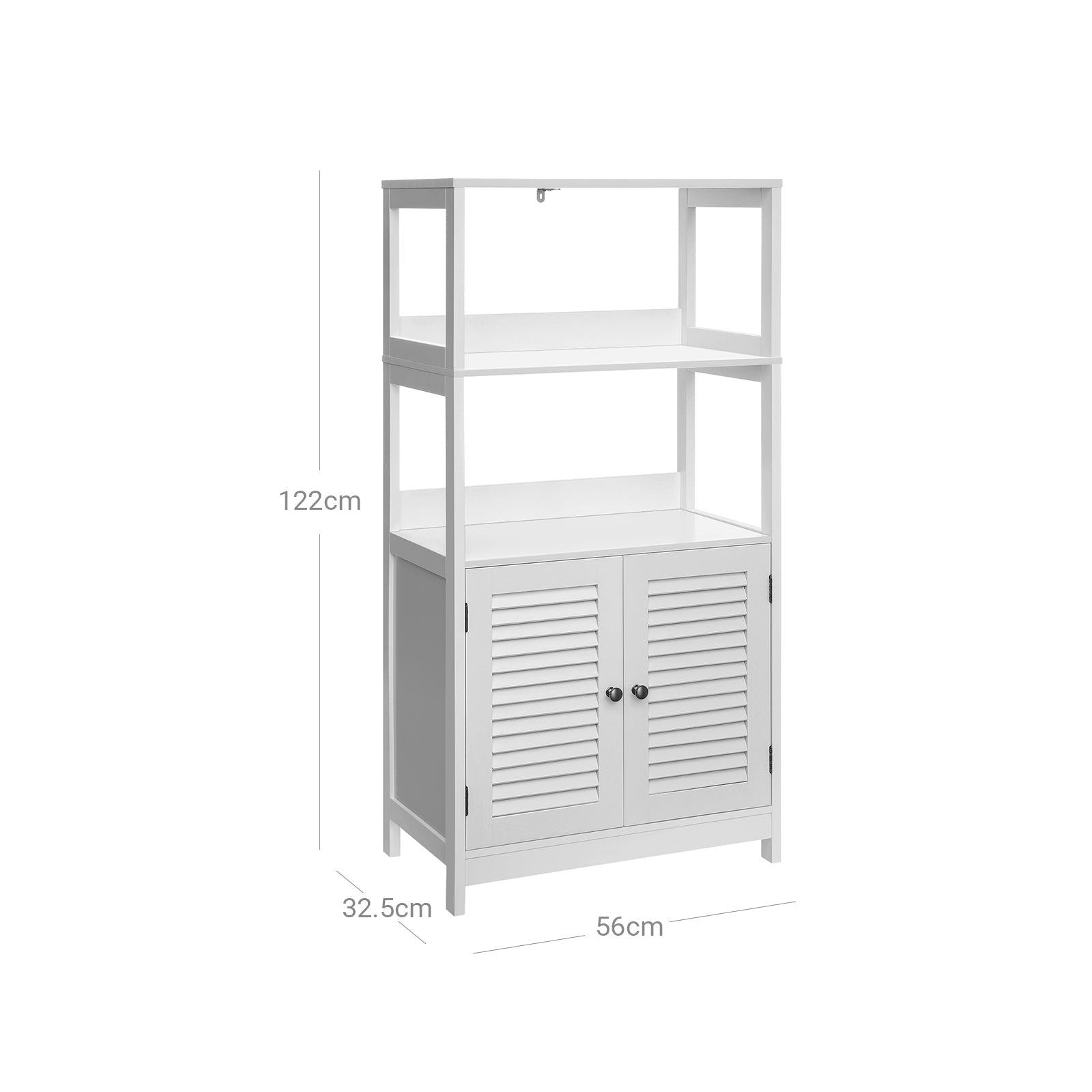 Bathroom Floor Cabinet - Engineered Wood - Matte White - Freestanding with 2 Open Shelves and Double Doors