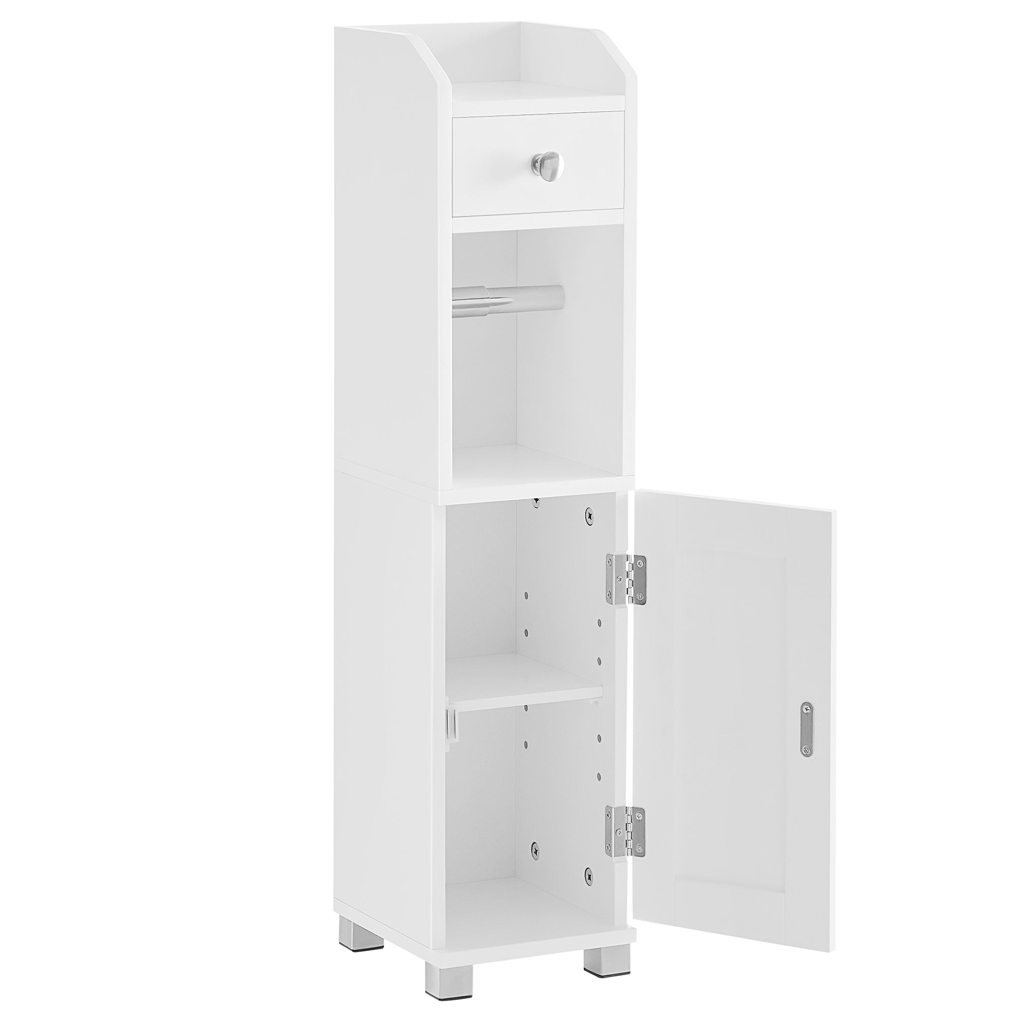 Small Bathroom Storage Cabinet - Wood - White - Adjustable Shelf with Toilet Paper Holder