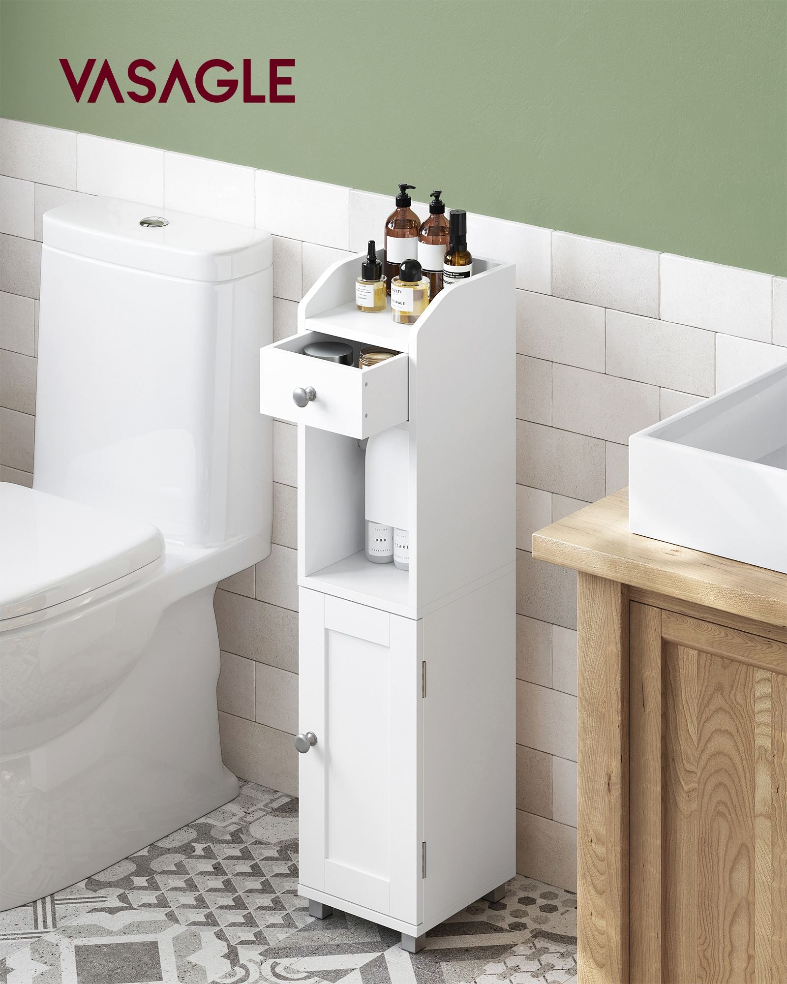 Small Bathroom Storage Cabinet - Wood - White - Adjustable Shelf with Toilet Paper Holder