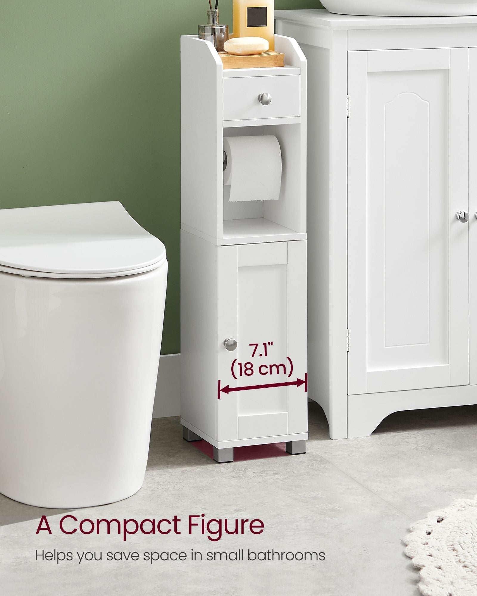 Small Bathroom Storage Cabinet - Wood - White - Adjustable Shelf with Toilet Paper Holder