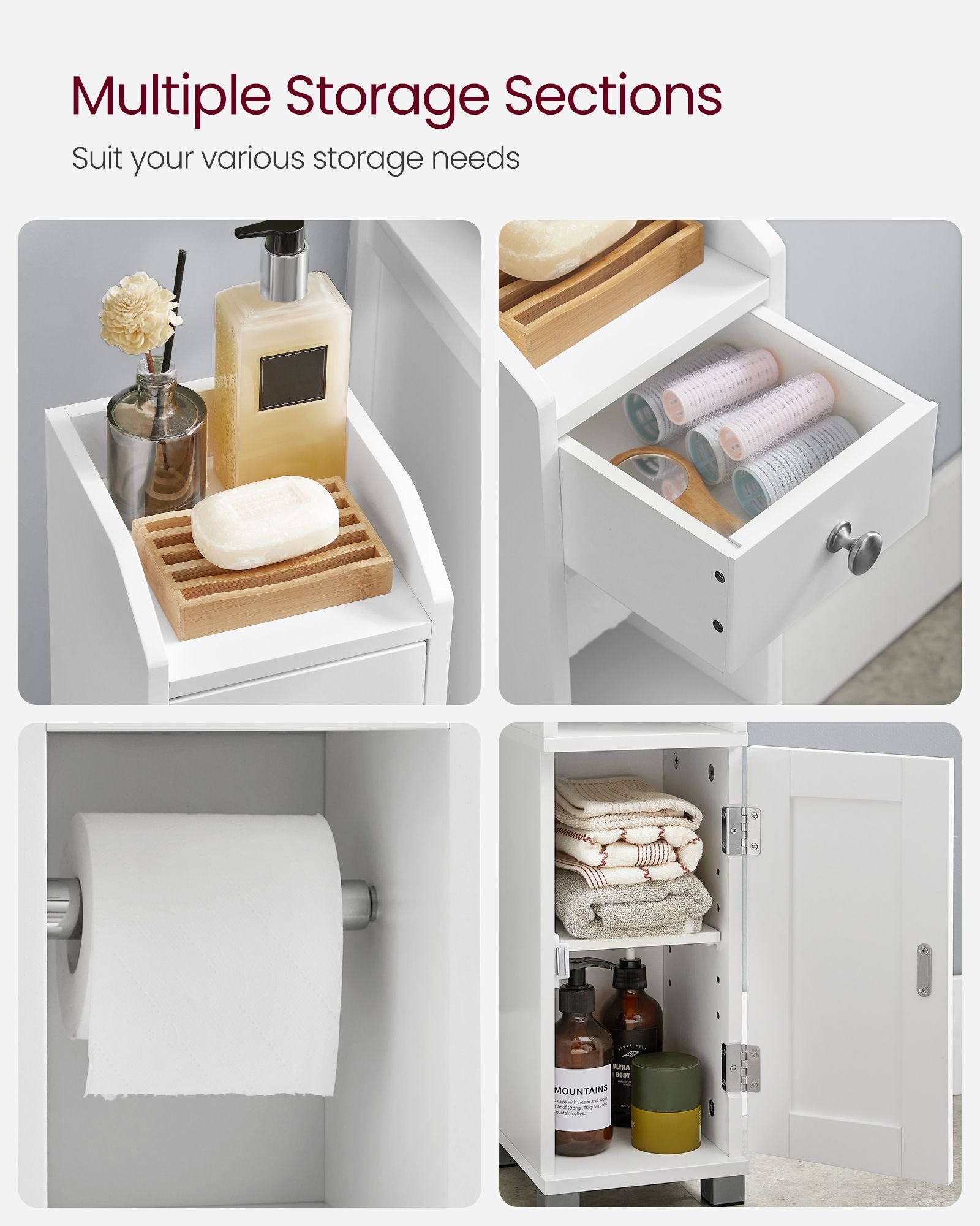 Small Bathroom Storage Cabinet - Wood - White - Adjustable Shelf with Toilet Paper Holder