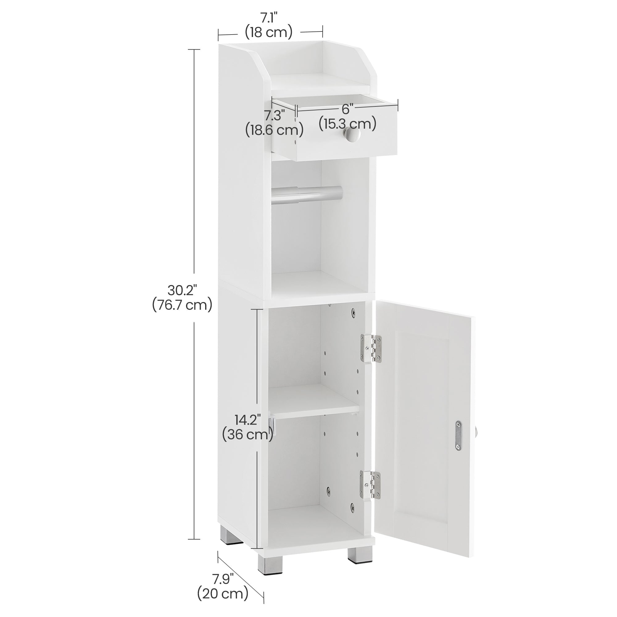 Small Bathroom Storage Cabinet - Wood - White - Adjustable Shelf with Toilet Paper Holder