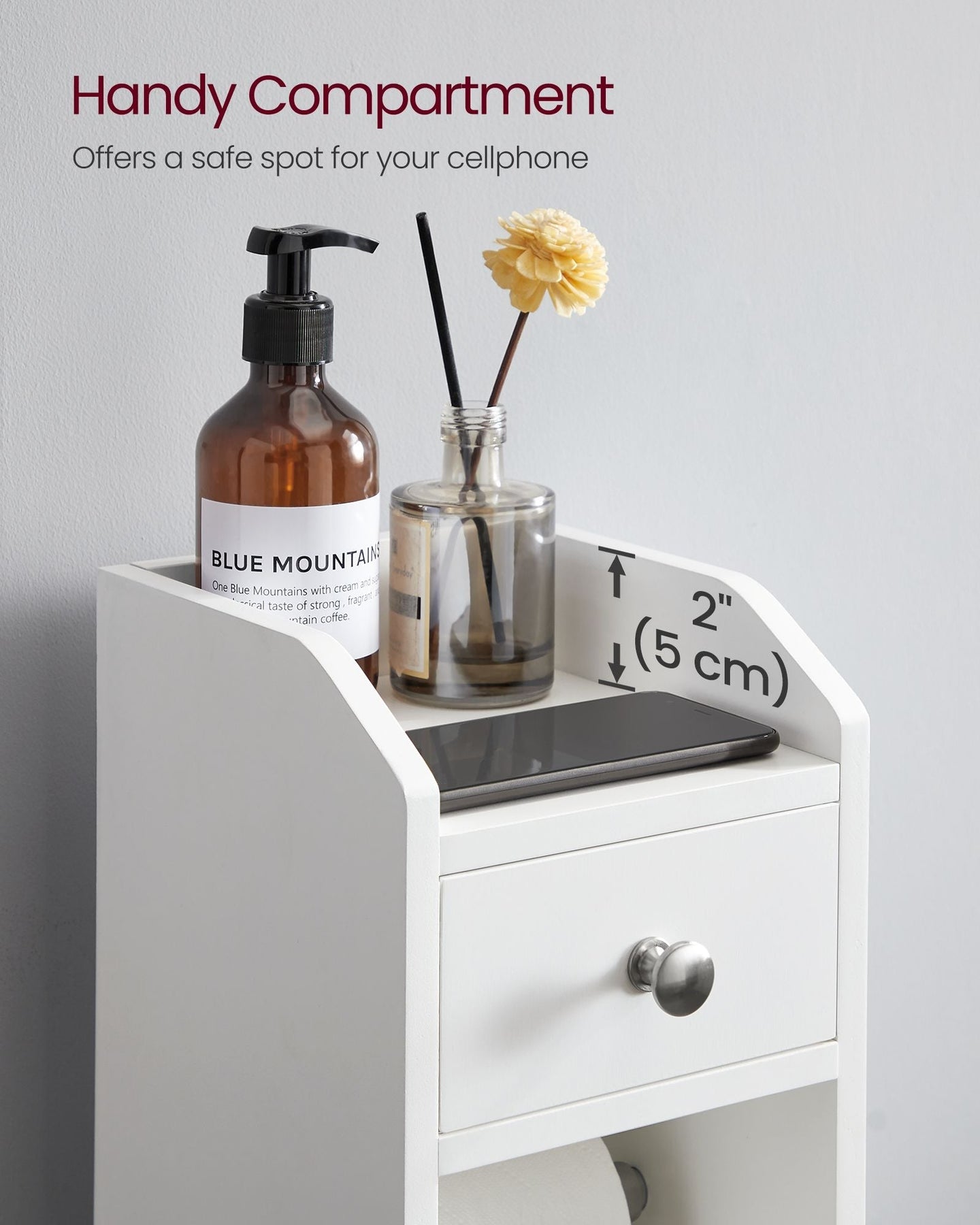 Small Bathroom Storage Cabinet - Wood - White - Adjustable Shelf with Toilet Paper Holder
