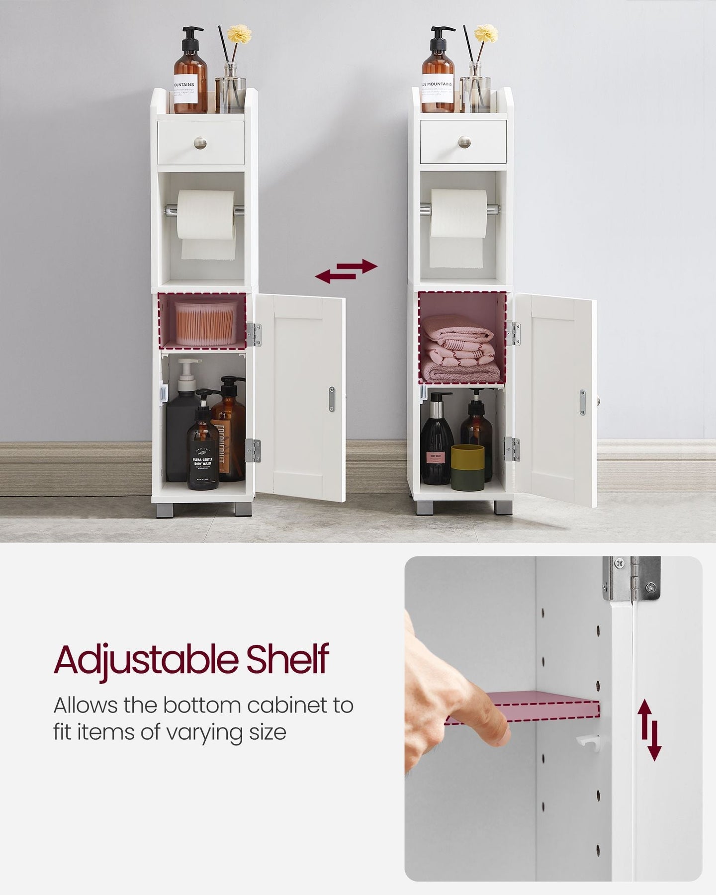 Small Bathroom Storage Cabinet - Wood - White - Adjustable Shelf with Toilet Paper Holder