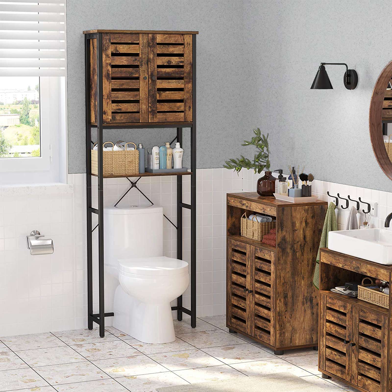 Over-The-Toilet Storage Shelf - Steel Frame - Rustic Brown and Black - Large Cabinet and Shelf