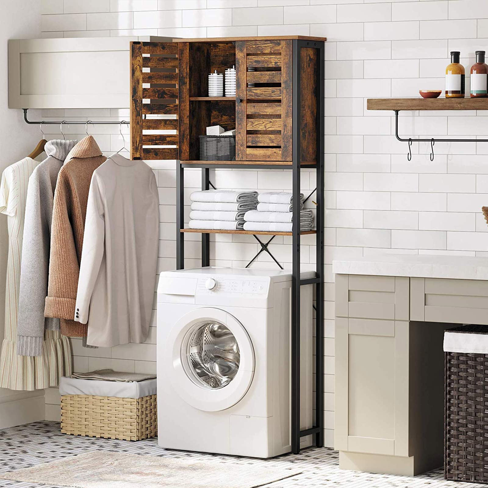 Over-The-Toilet Storage Shelf - Steel Frame - Rustic Brown and Black - Large Cabinet and Shelf