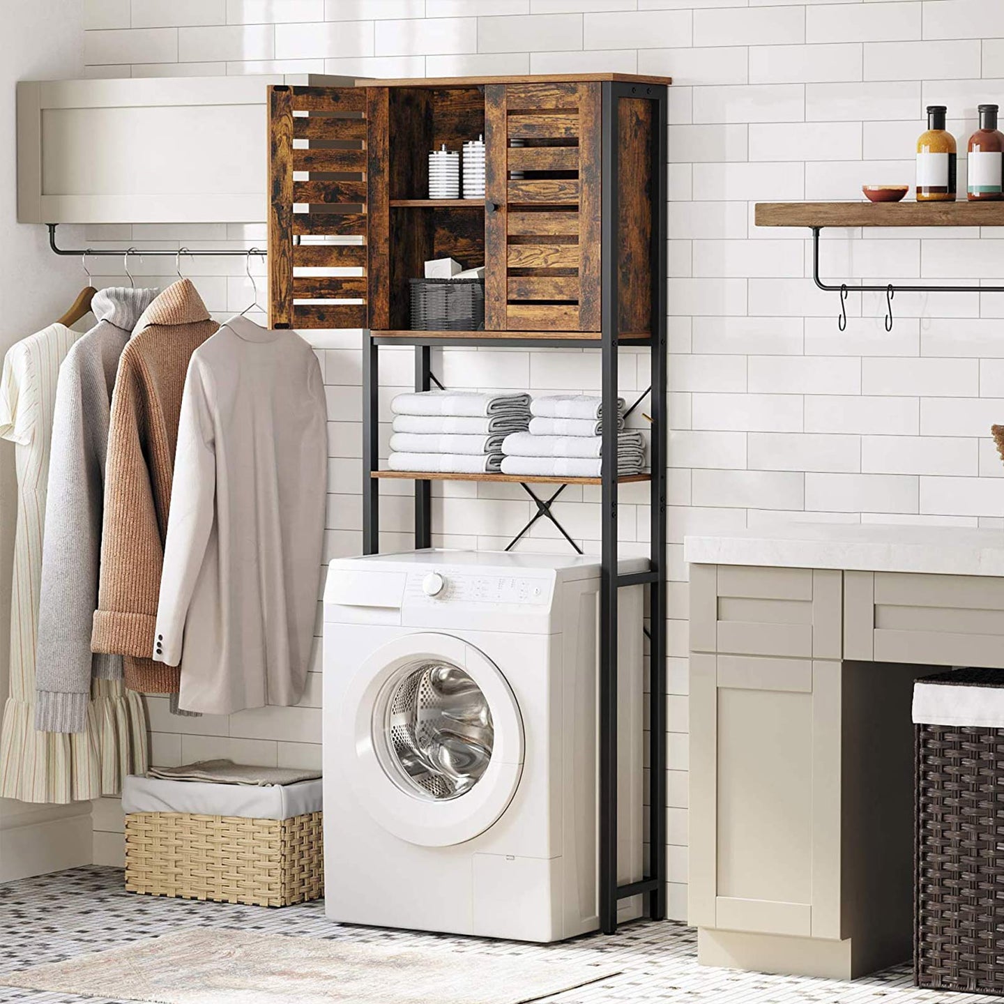 Over-The-Toilet Storage Shelf - Steel Frame - Rustic Brown and Black - Large Cabinet and Shelf