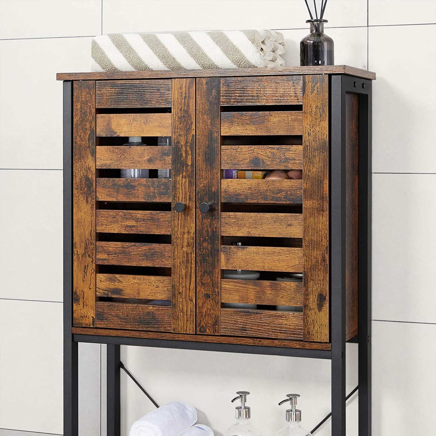 Over-The-Toilet Storage Shelf - Steel Frame - Rustic Brown and Black - Large Cabinet and Shelf