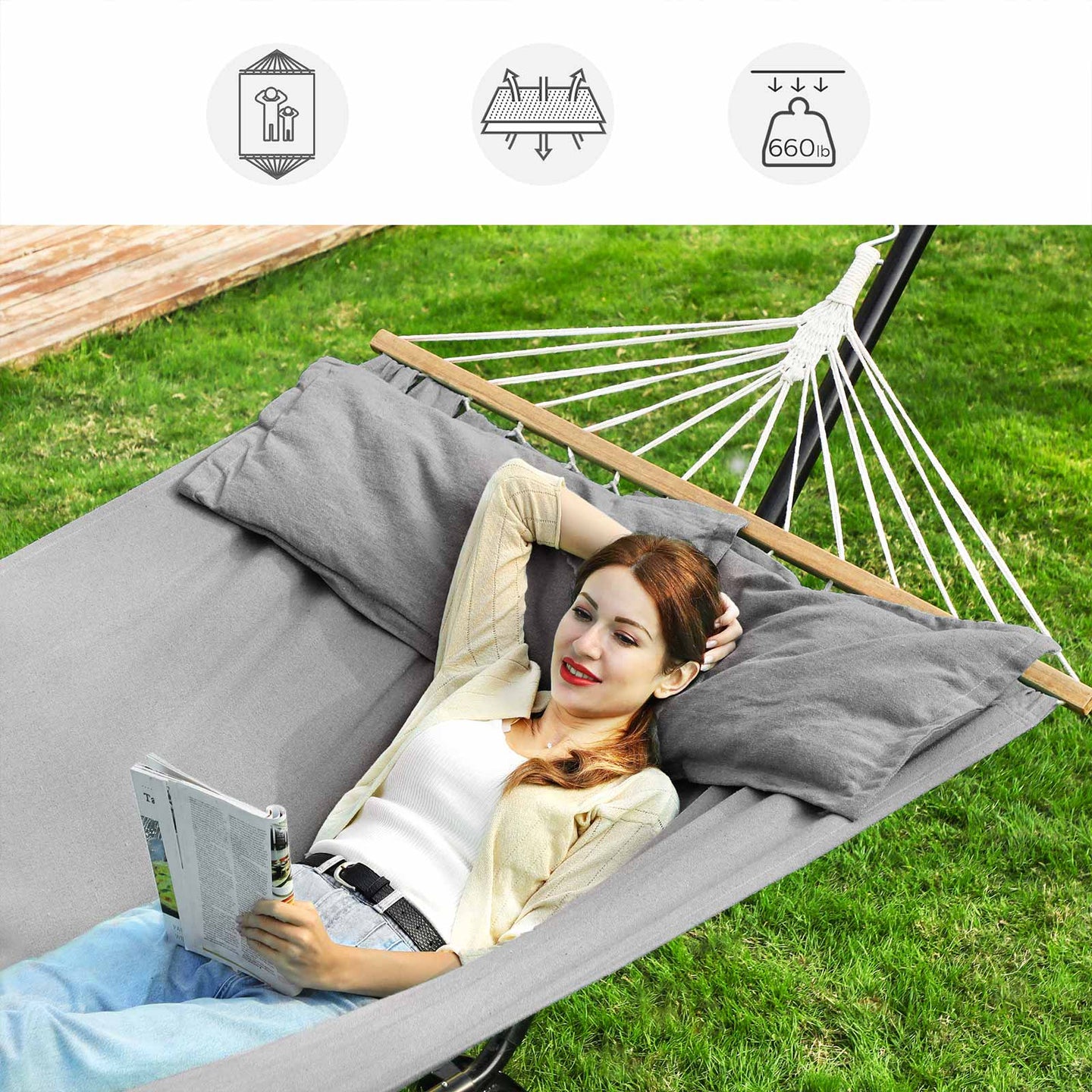 Double Hammock - Includes 2 Pillows - TC Fabric - Gray