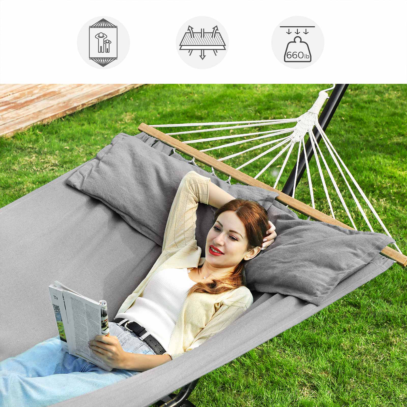 Double Hammock - Includes 2 Pillows - TC Fabric - Gray