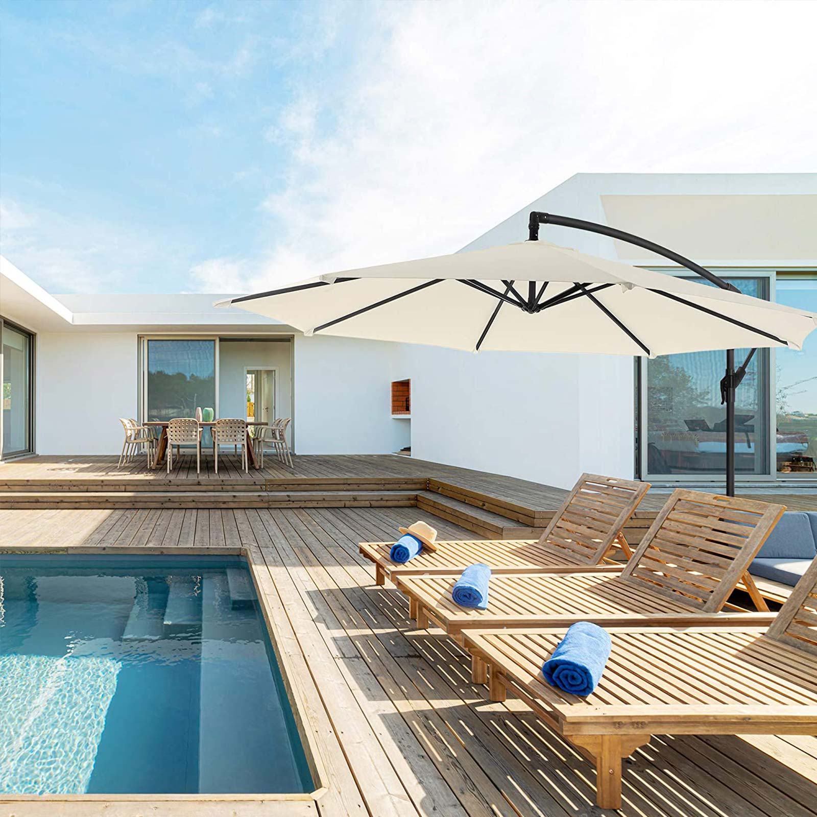 Cantilever Garden Patio Umbrella - Fabric - Grey - 3 m Offset Design with UPF 50+ Protection and Crank Mechanism