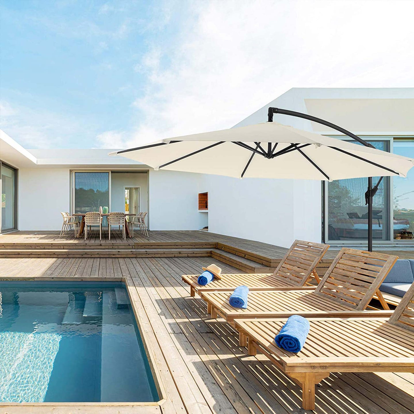 Cantilever Garden Patio Umbrella - Fabric - Grey - 3 m Offset Design with UPF 50+ Protection and Crank Mechanism