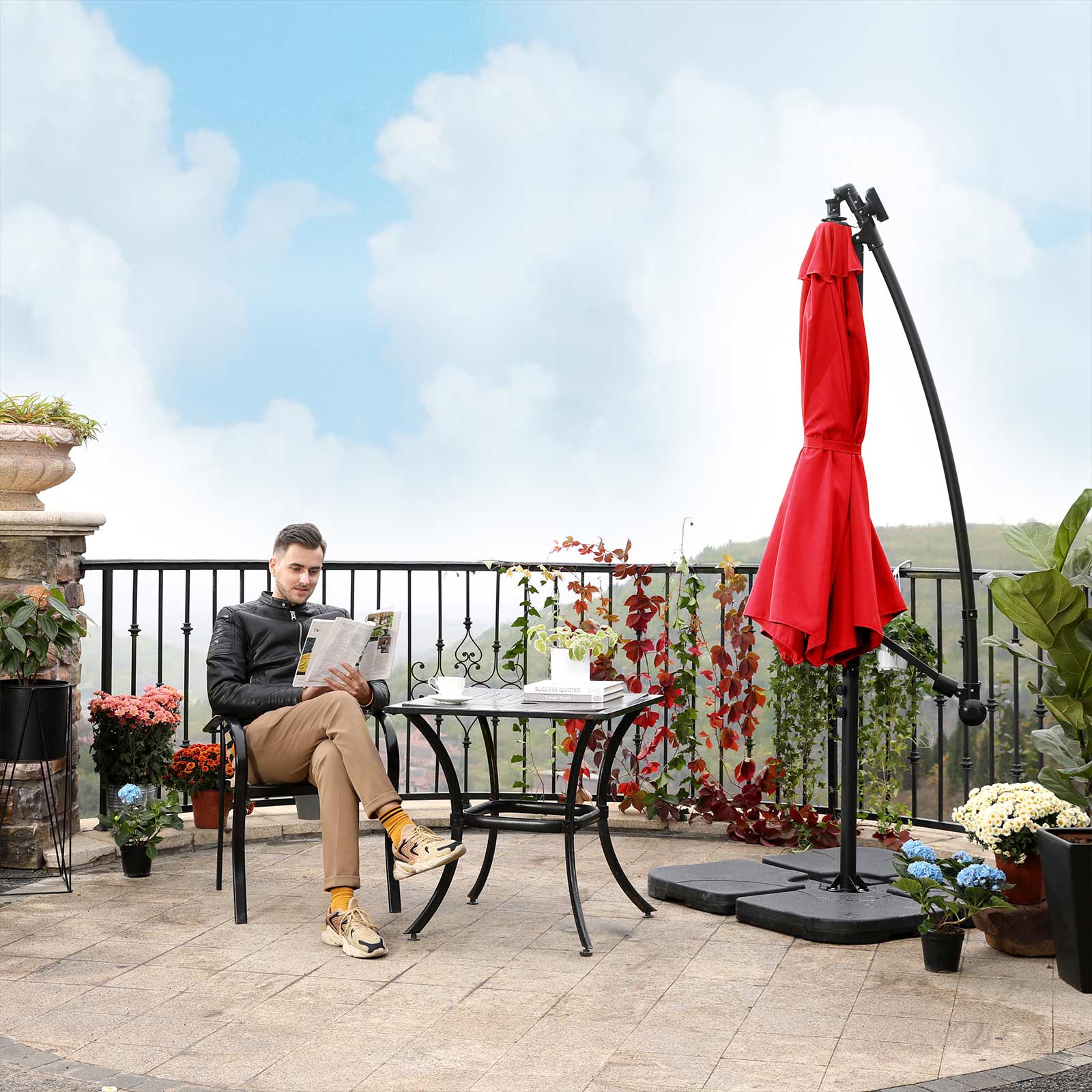 Cantilever Garden Patio Parasol - Fabric - Red - Solar-Powered LED Lights