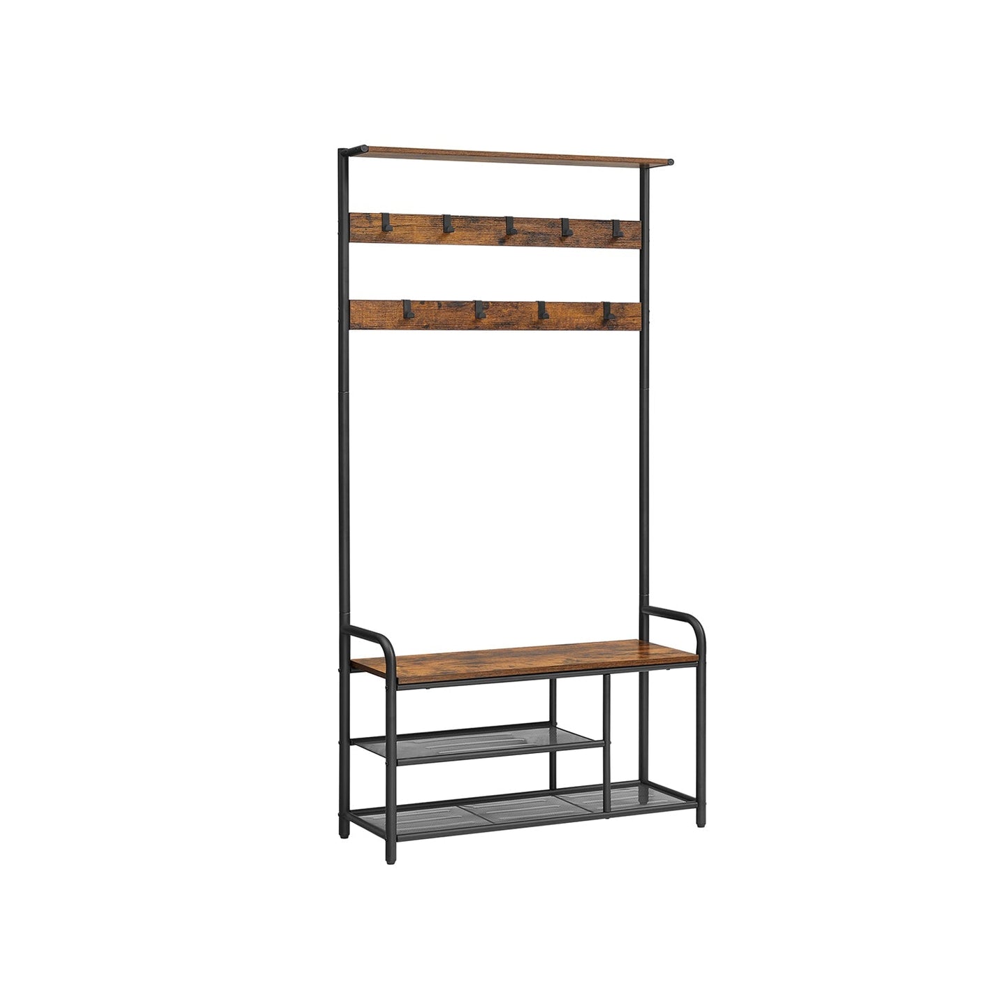 Coat Rack and Shoe Bench - Metal - Rustic Brown and Black - 9 Removable Hooks