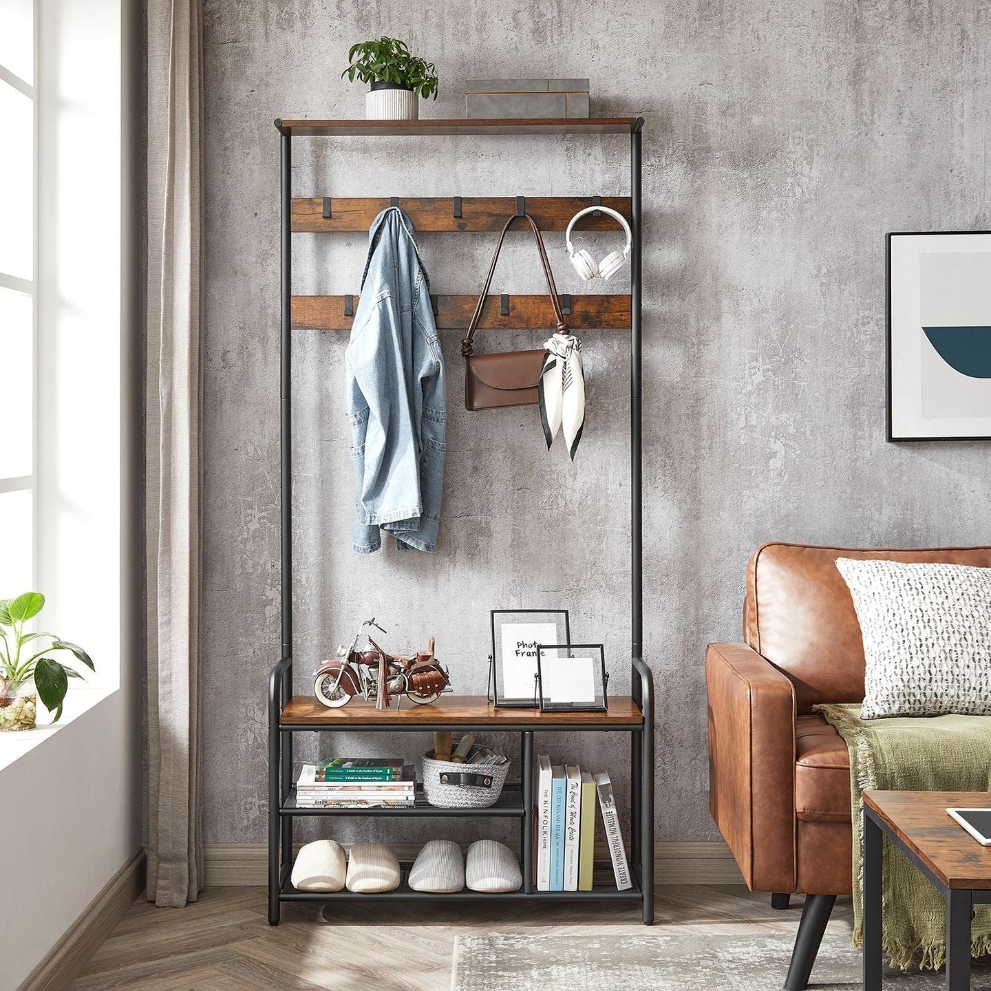 Coat Rack and Shoe Bench - Metal - Rustic Brown and Black - 9 Removable Hooks