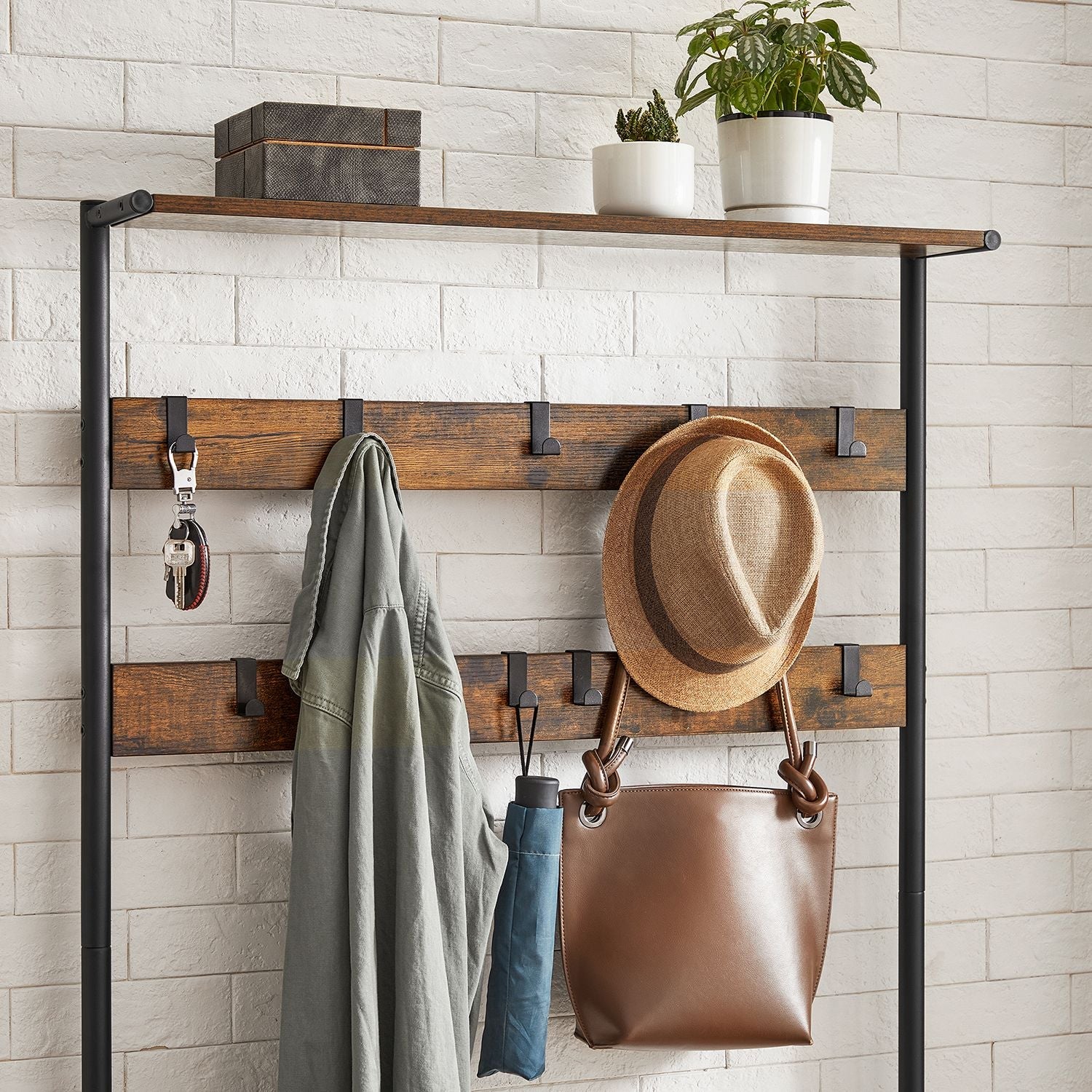 Coat Rack and Shoe Bench - Metal - Rustic Brown and Black - 9 Removable Hooks