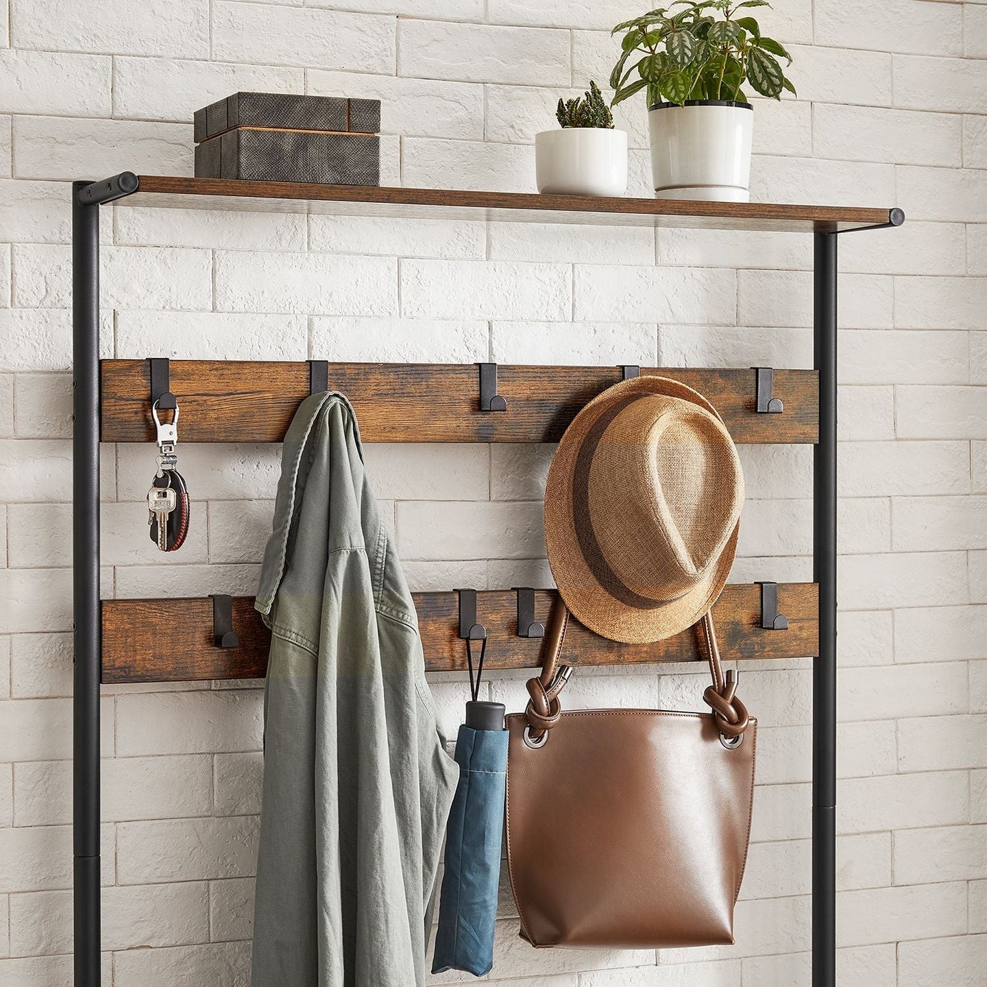 Coat Rack and Shoe Bench - Metal - Rustic Brown and Black - 9 Removable Hooks