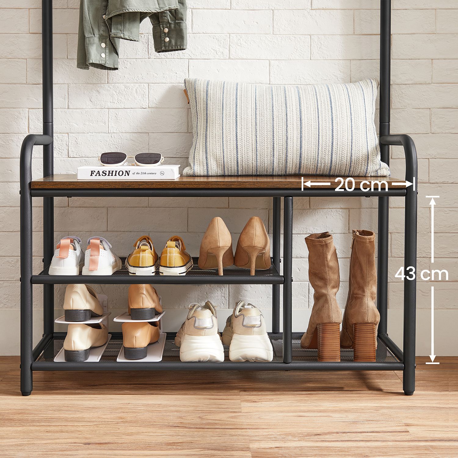 Coat Rack and Shoe Bench - Metal - Rustic Brown and Black - 9 Removable Hooks