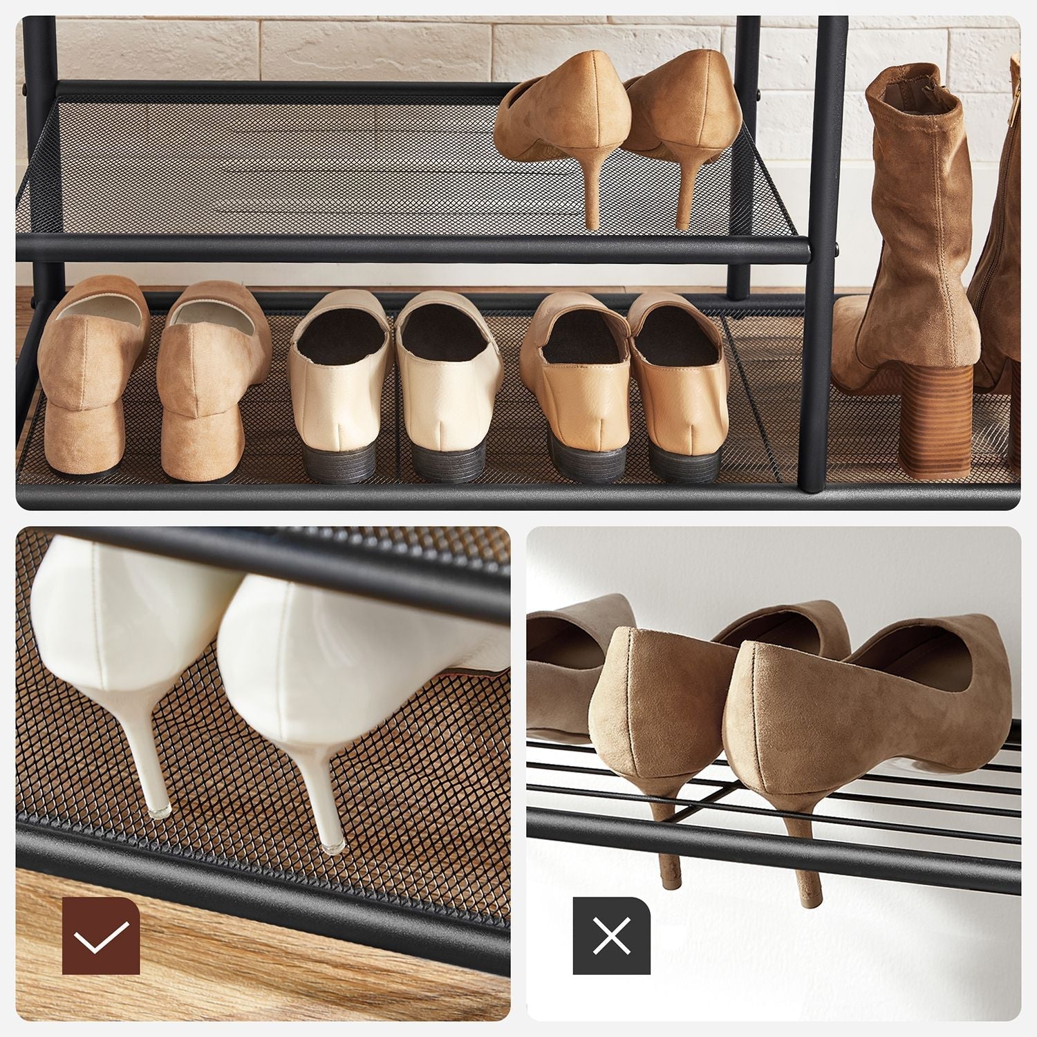 Coat Rack and Shoe Bench - Metal - Rustic Brown and Black - 9 Removable Hooks