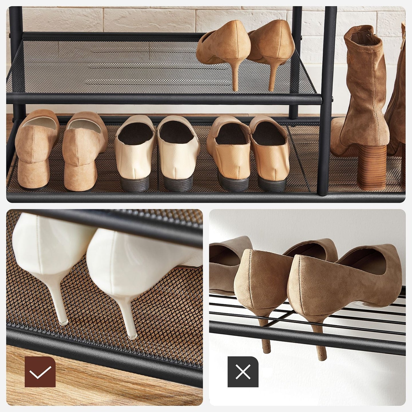 Coat Rack and Shoe Bench - Metal - Rustic Brown and Black - 9 Removable Hooks