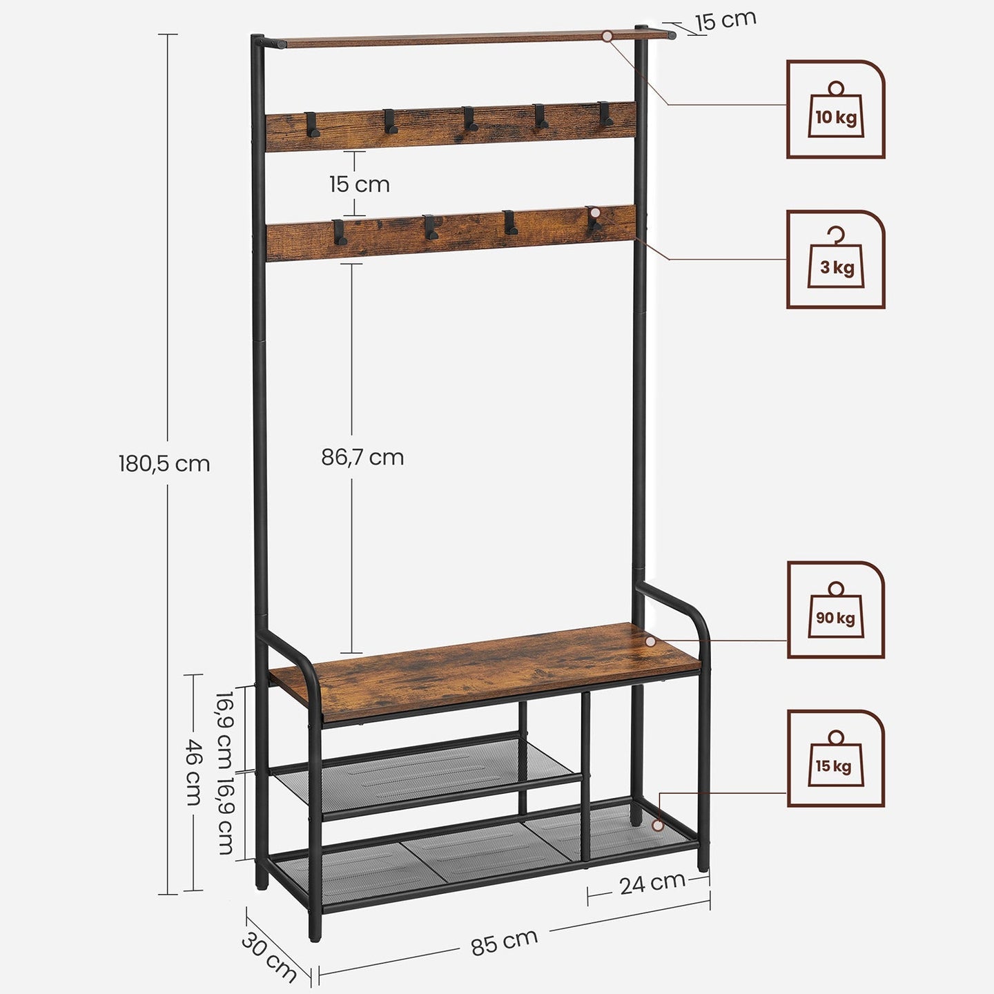 Coat Rack and Shoe Bench - Metal - Rustic Brown and Black - 9 Removable Hooks