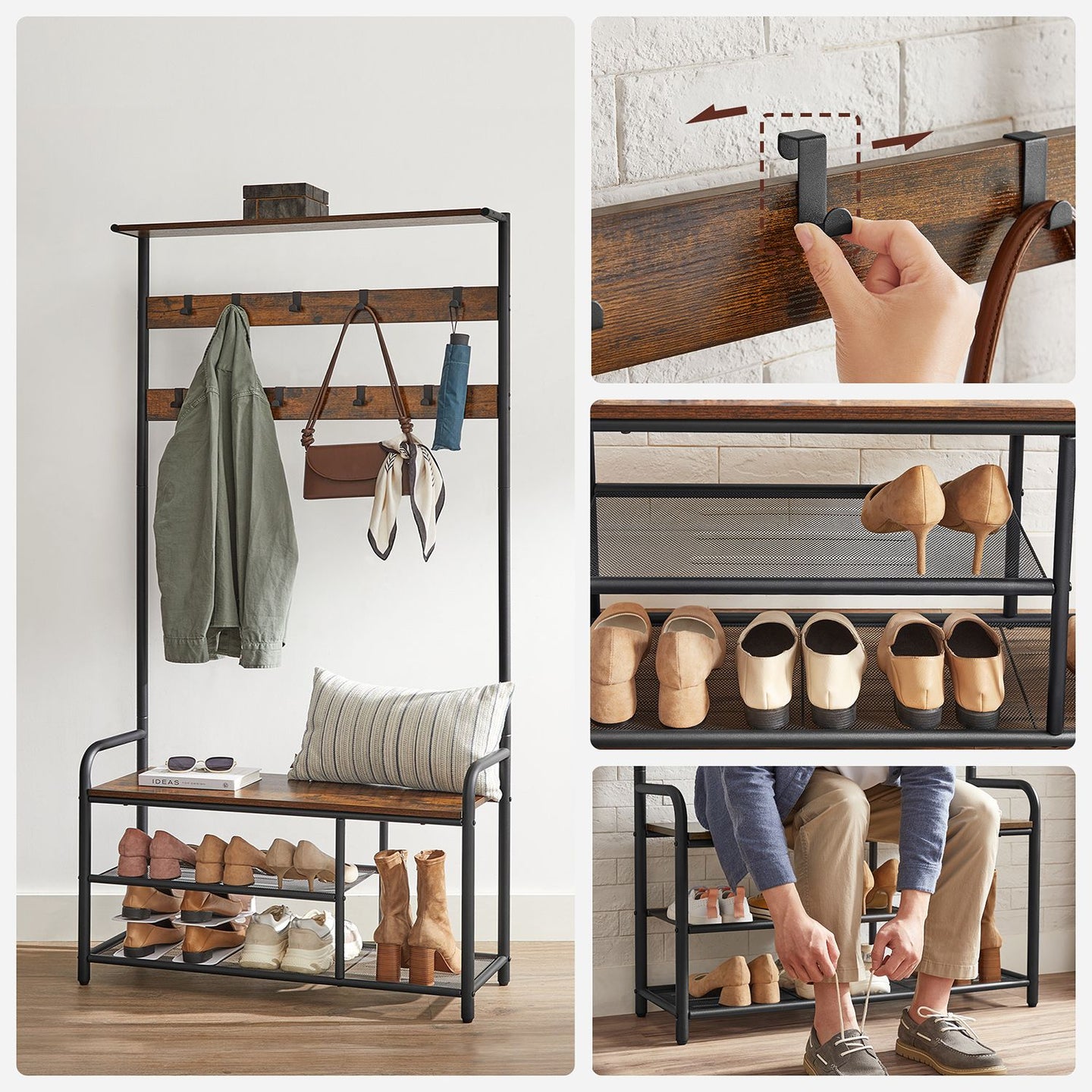 Coat Rack and Shoe Bench - Metal - Rustic Brown and Black - 9 Removable Hooks