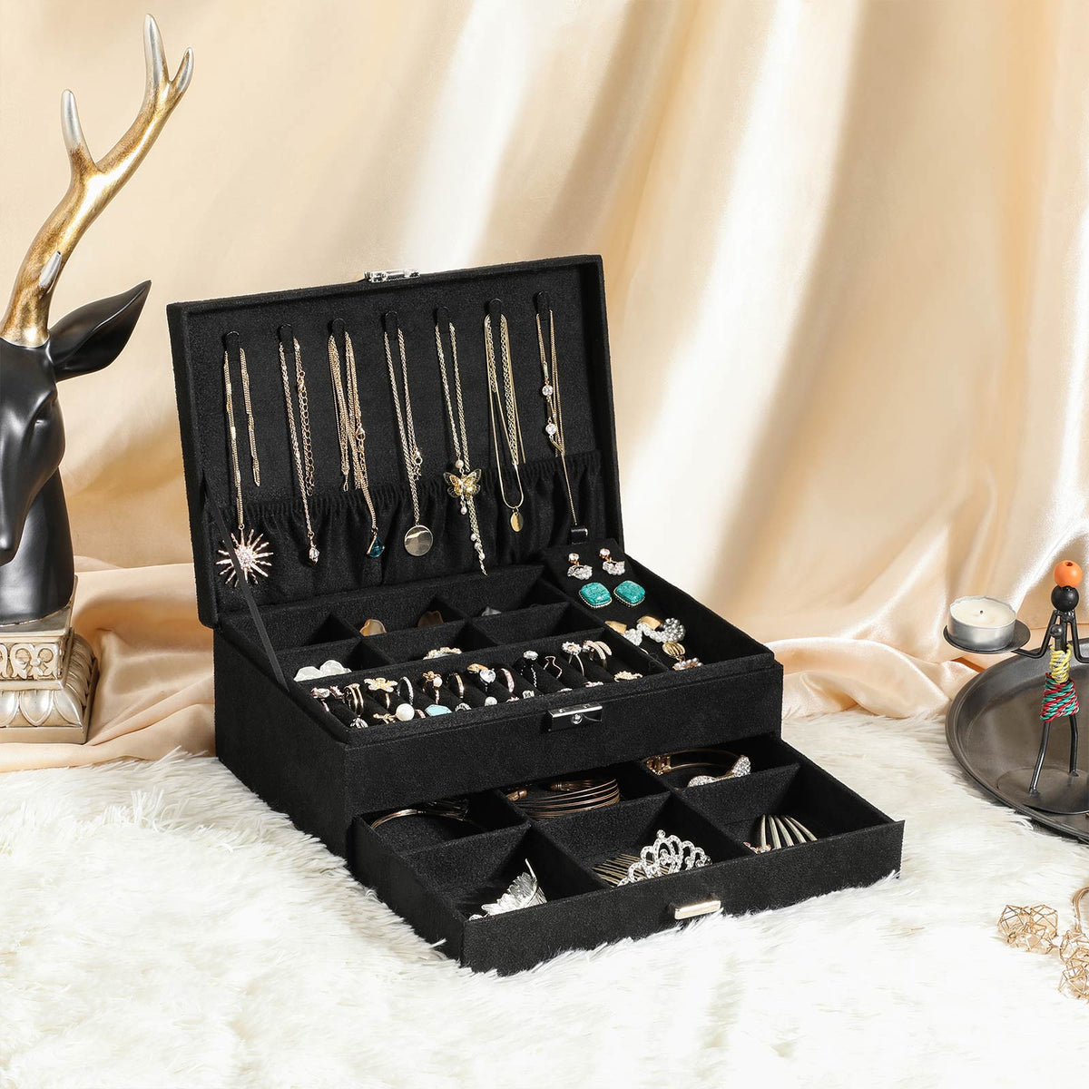 2-Tier Jewelry Case - Velvet - Black - Includes Drawer and Key