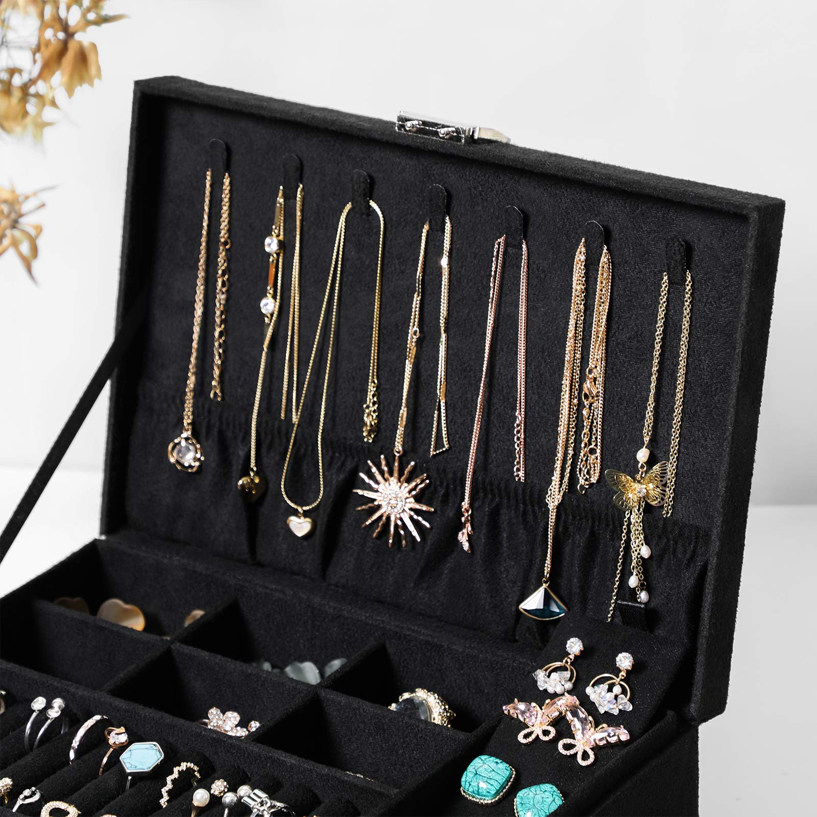 2-Tier Jewelry Case - Velvet - Black - Includes Drawer and Key