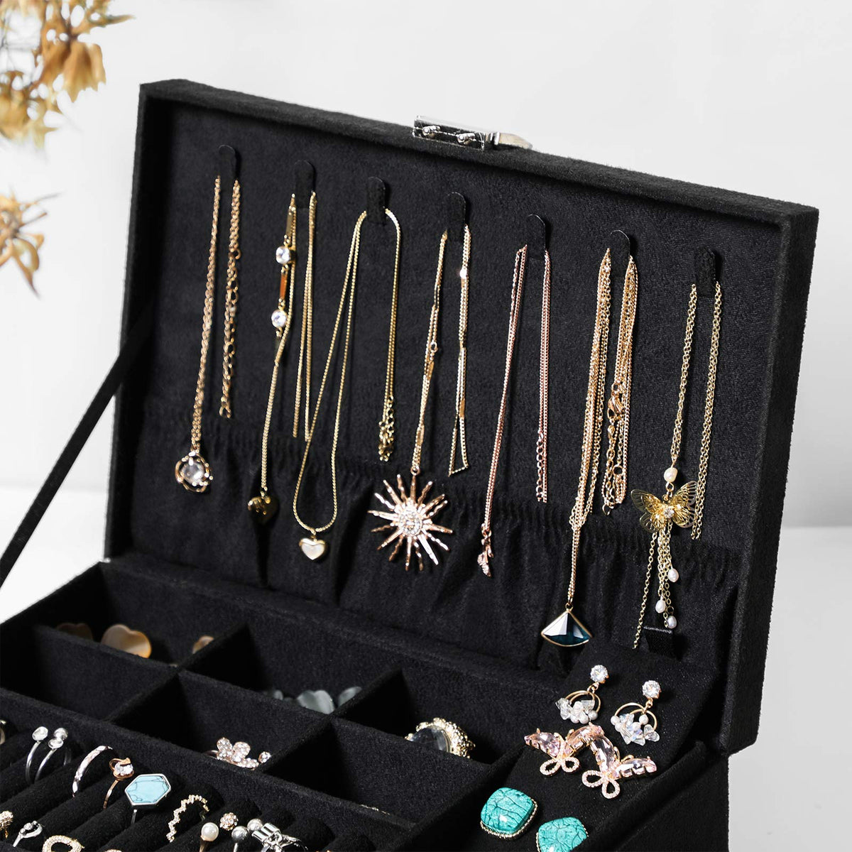 2-Tier Jewelry Case - Velvet - Black - Includes Drawer and Key