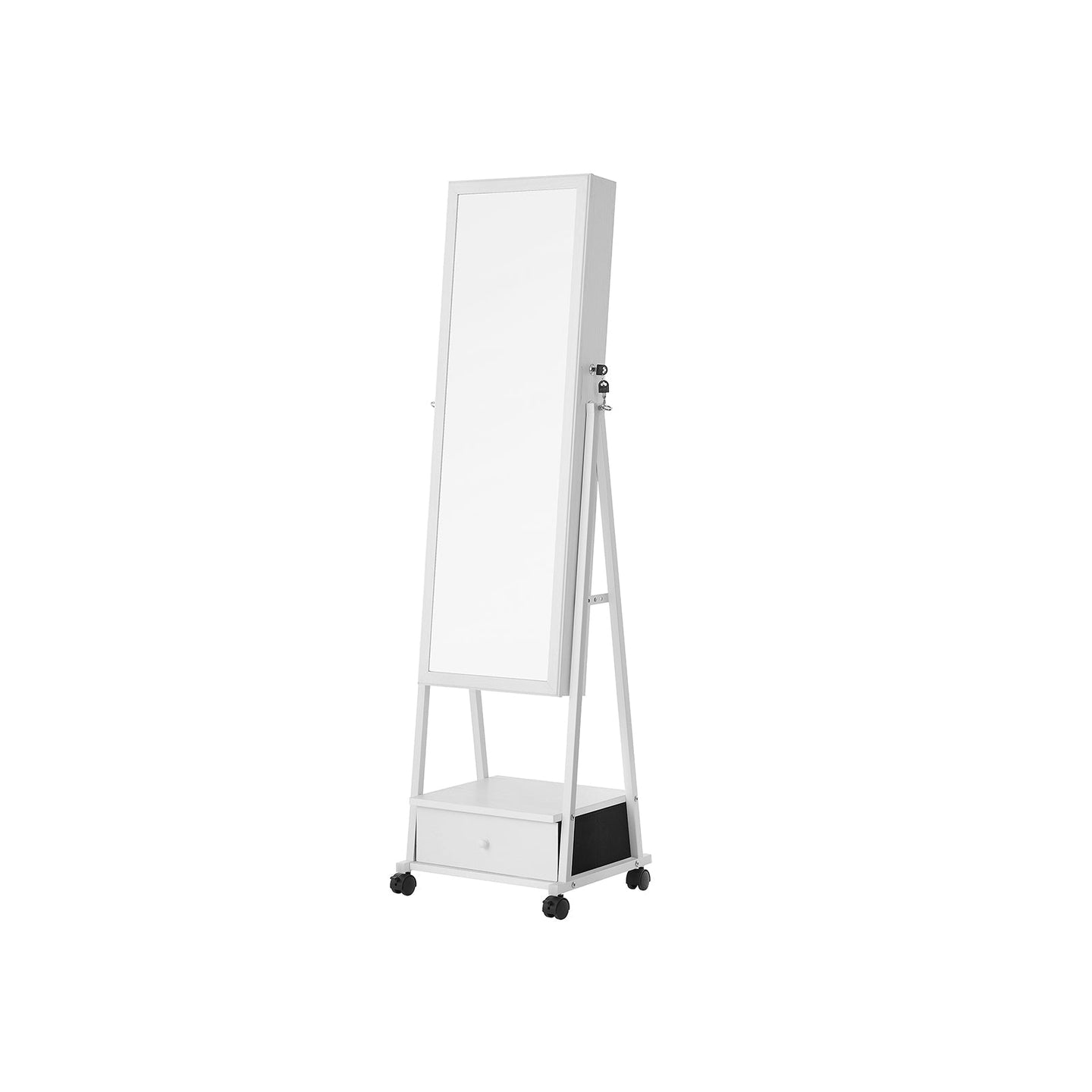 Movable Jewellery Armoire - Wood - White - Full Length Mirror with Lockable Design and Drawer
