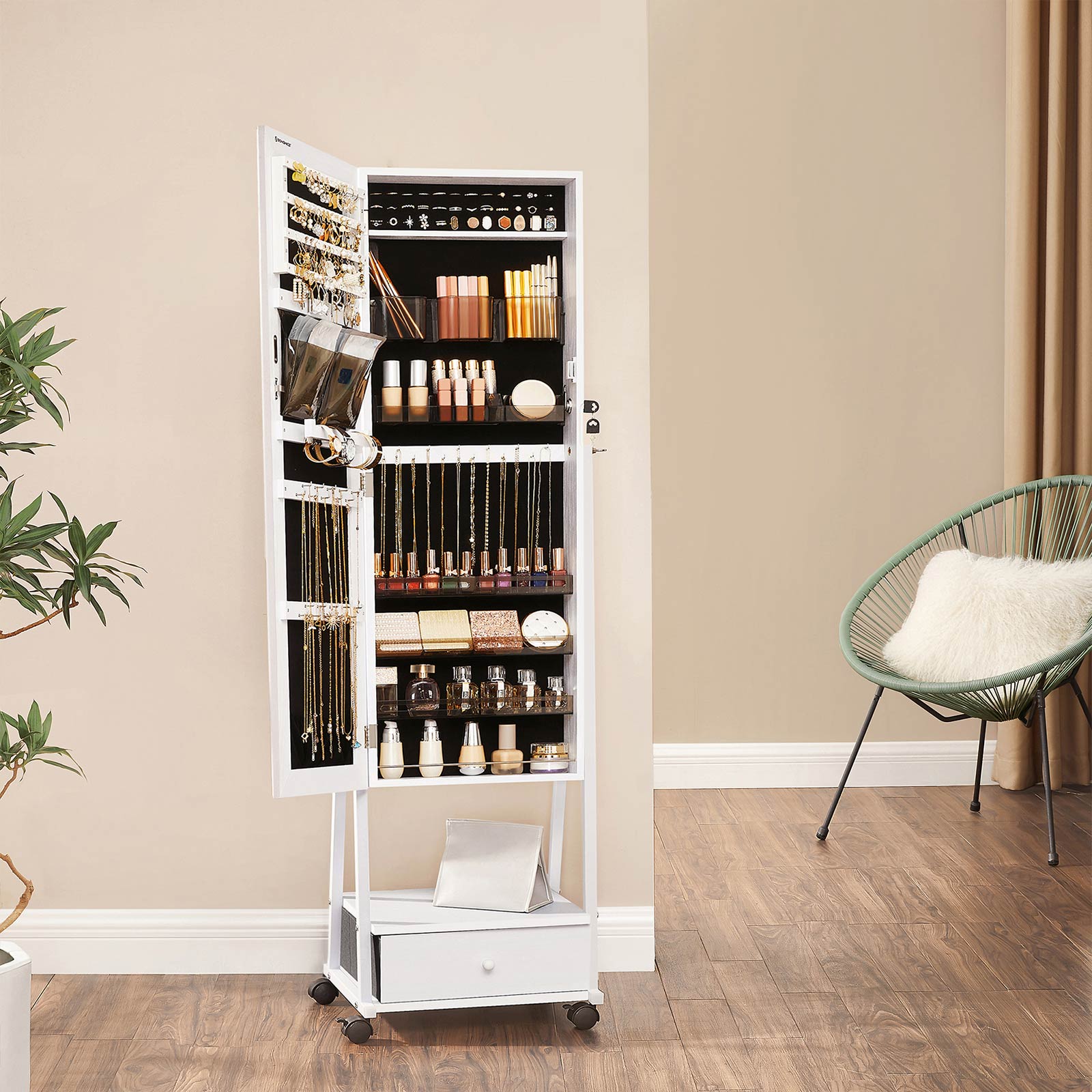 Movable Jewellery Armoire - Wood - White - Full Length Mirror with Lockable Design and Drawer