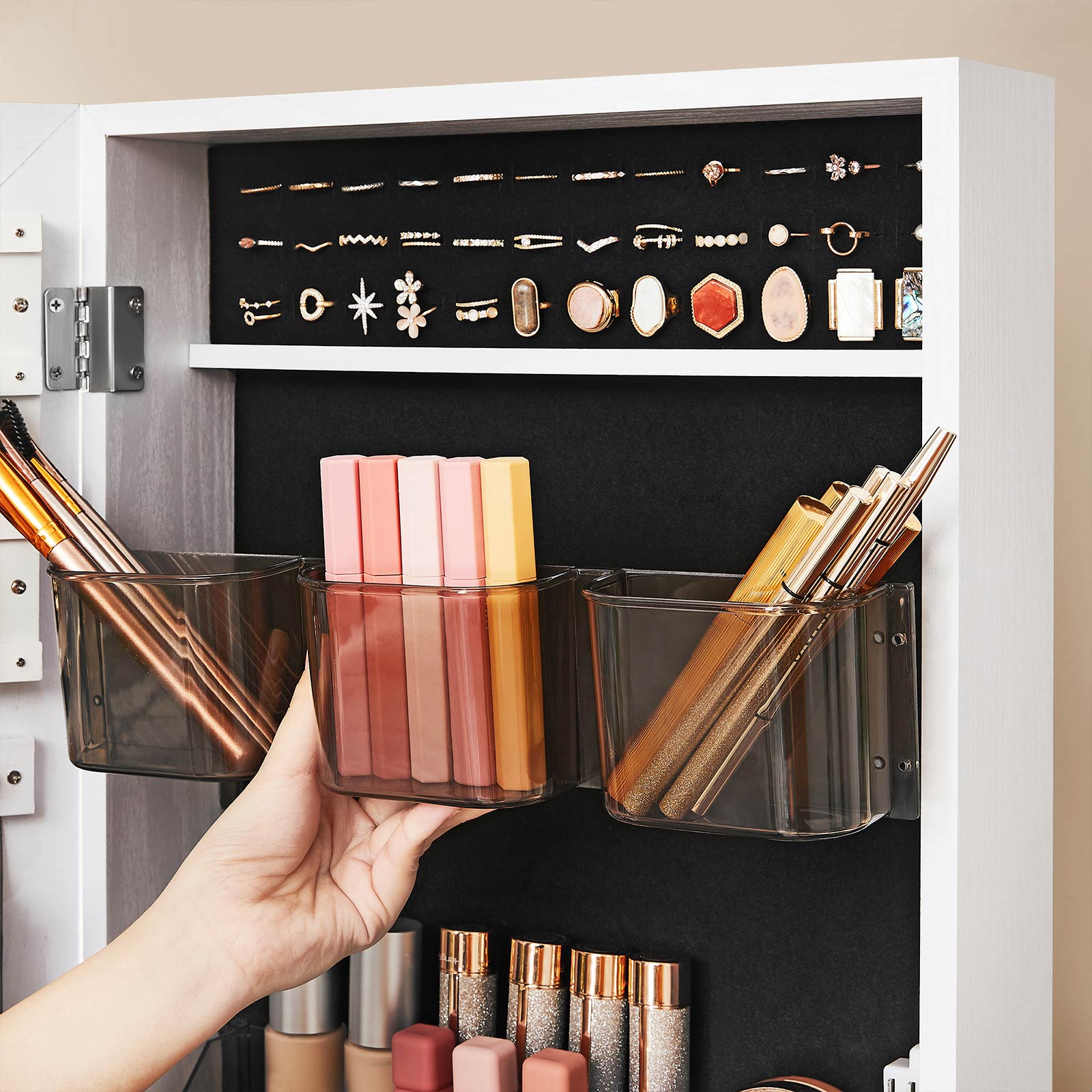Movable Jewellery Armoire - Wood - White - Full Length Mirror with Lockable Design and Drawer
