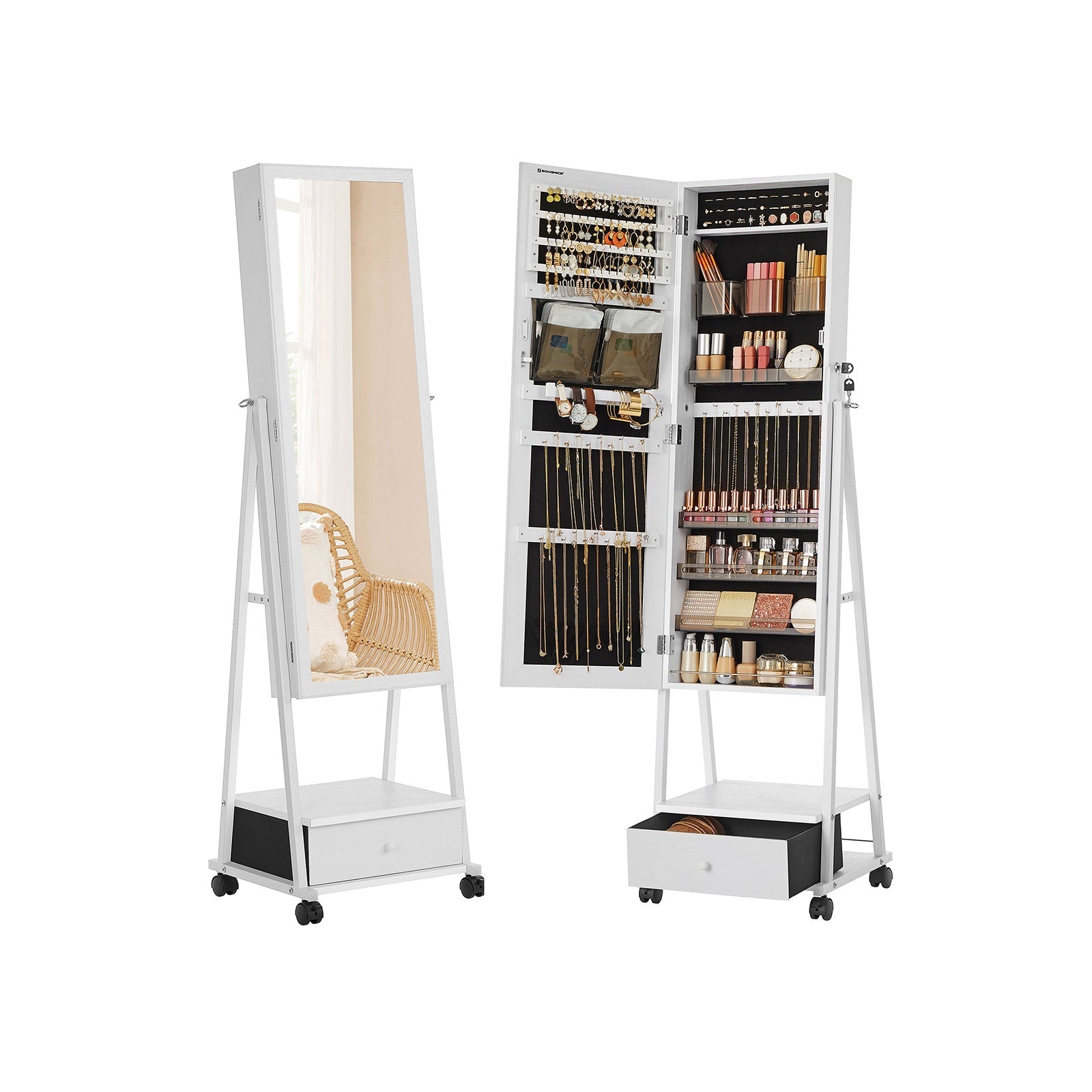 Movable Jewellery Armoire - Wood - White - Full Length Mirror with Lockable Design and Drawer