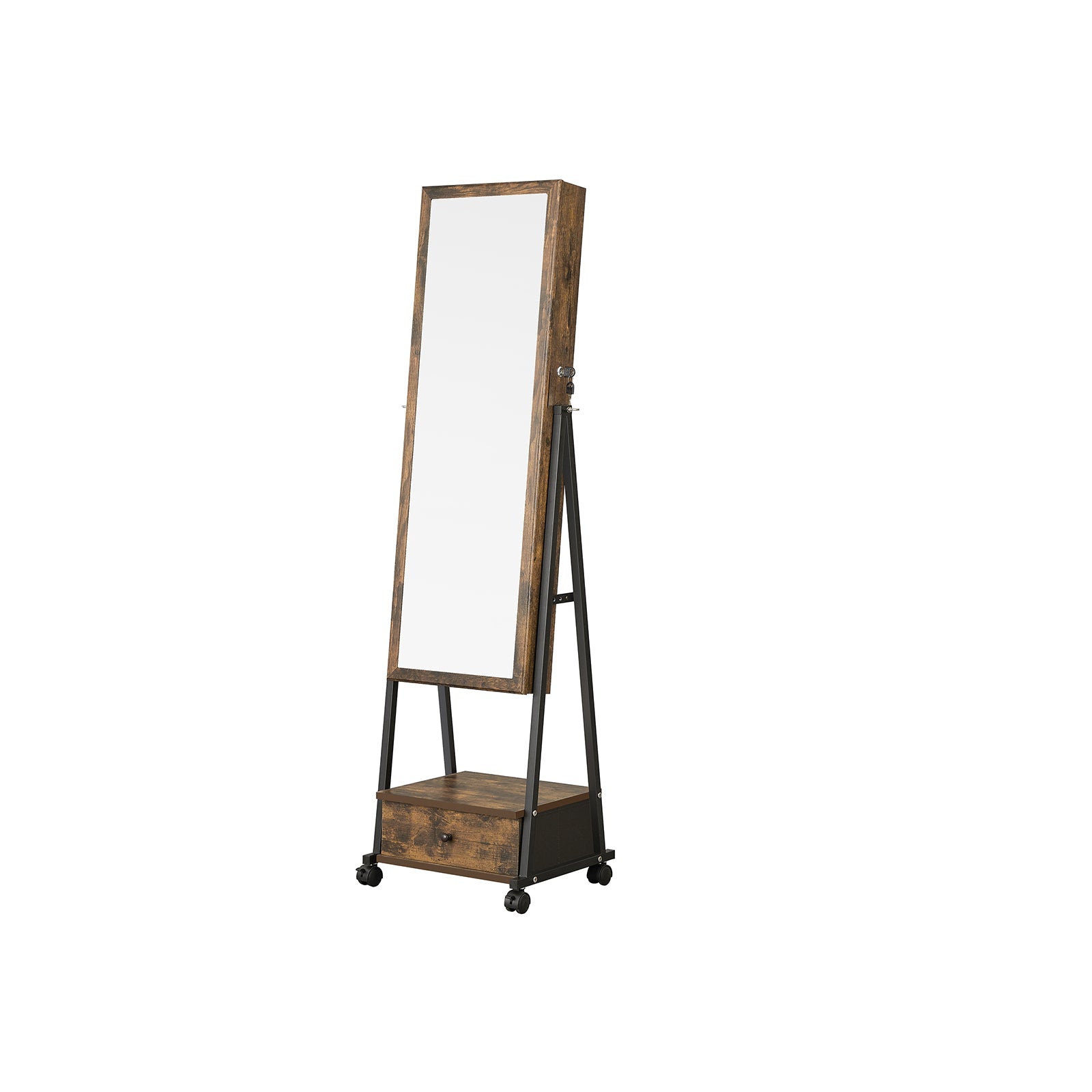 Jewelry Cabinet - Wood - White - Full Length Mirror with Lockable Storage and Wheels