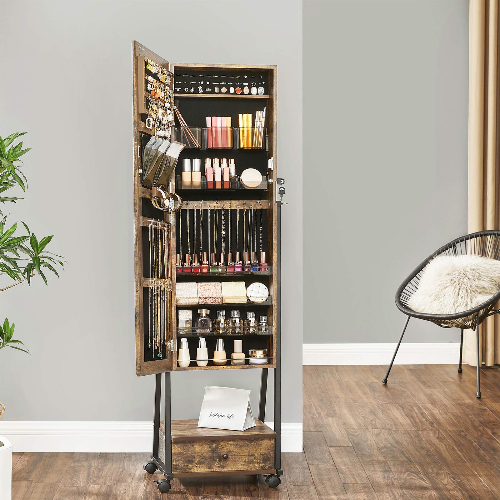 Jewelry Cabinet - Wood - White - Full Length Mirror with Lockable Storage and Wheels