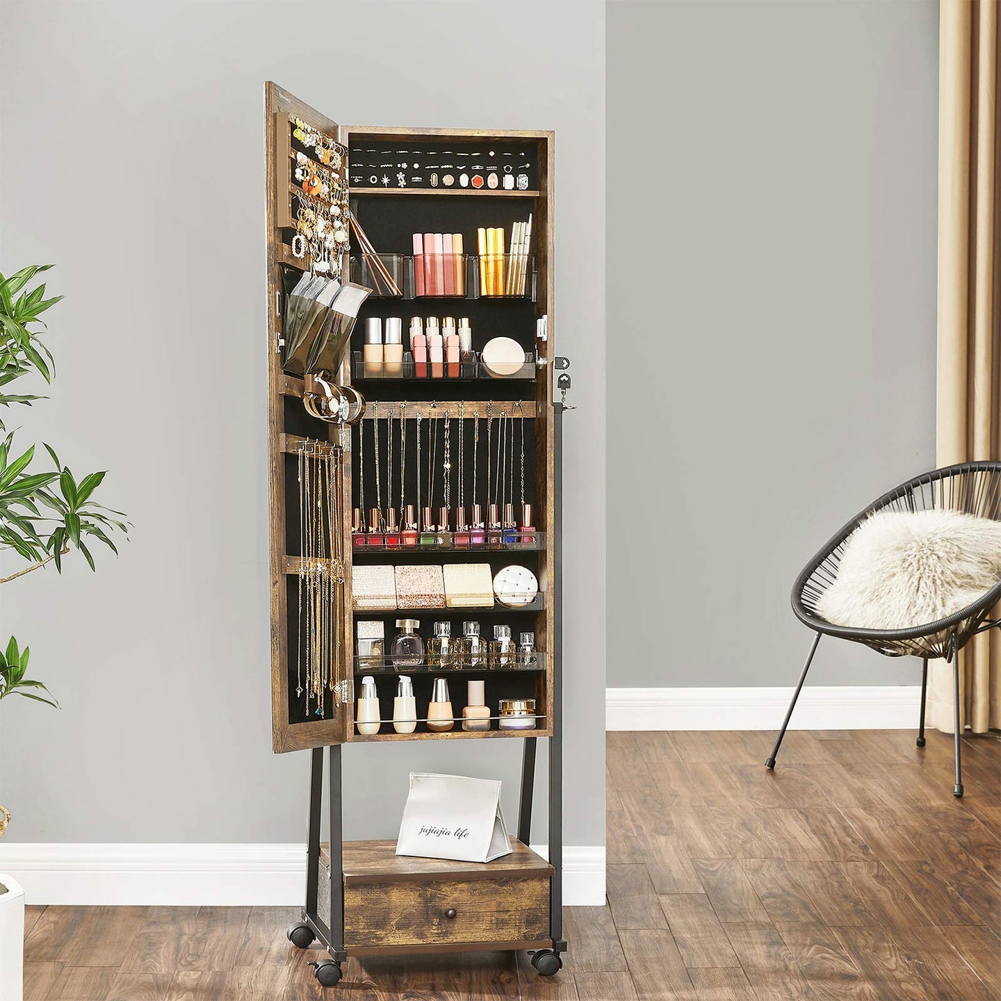 Jewelry Cabinet - Wood - White - Full Length Mirror with Lockable Storage and Wheels