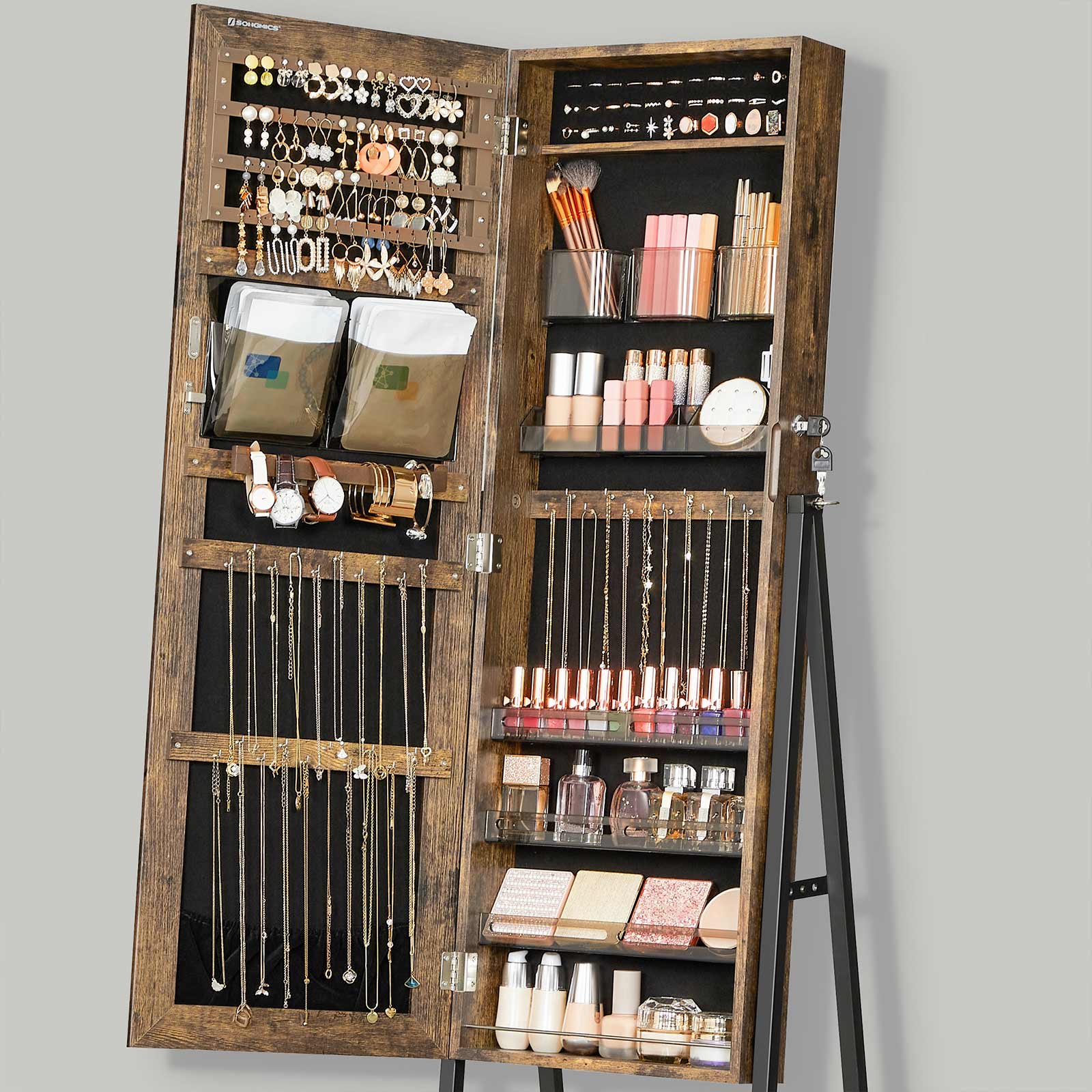 Jewelry Cabinet - Wood - White - Full Length Mirror with Lockable Storage and Wheels