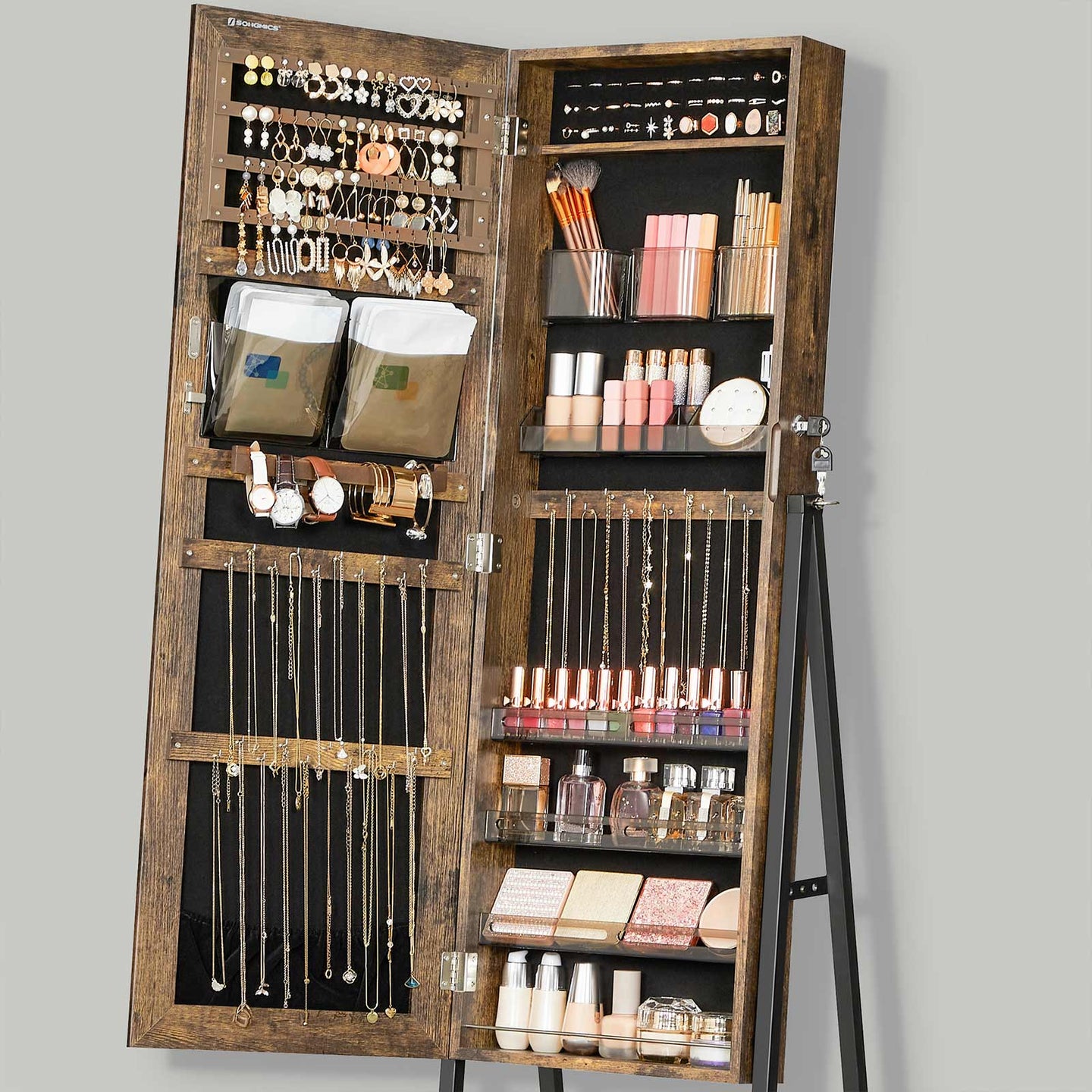 Jewelry Cabinet - Wood - White - Full Length Mirror with Lockable Storage and Wheels
