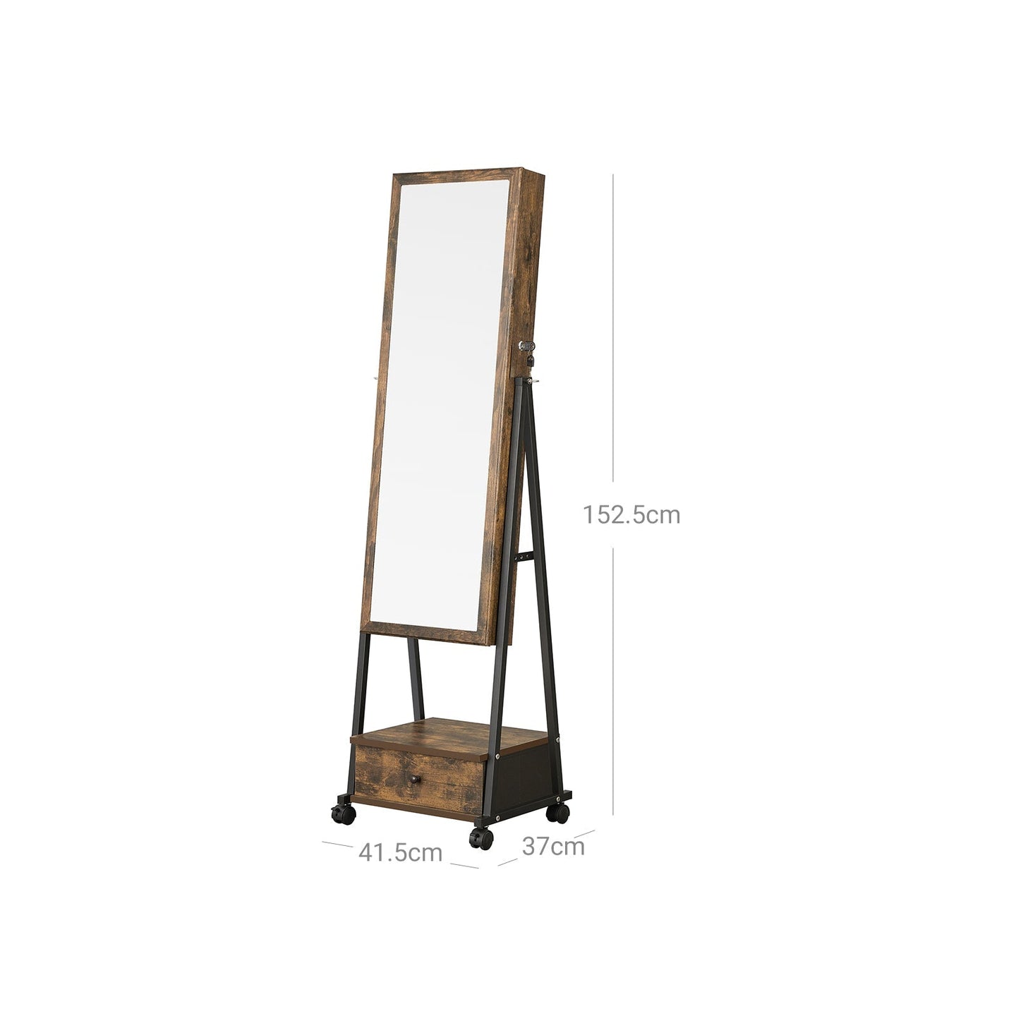 Jewelry Cabinet - Wood - White - Full Length Mirror with Lockable Storage and Wheels