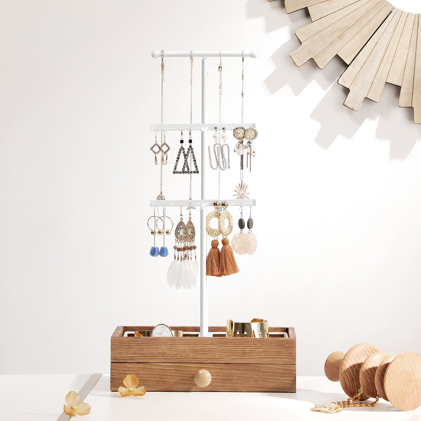 Jewellery Display Stand - Metal - Rustic Brown and White - 2-in-1 Design with Drawer and Removable Slots